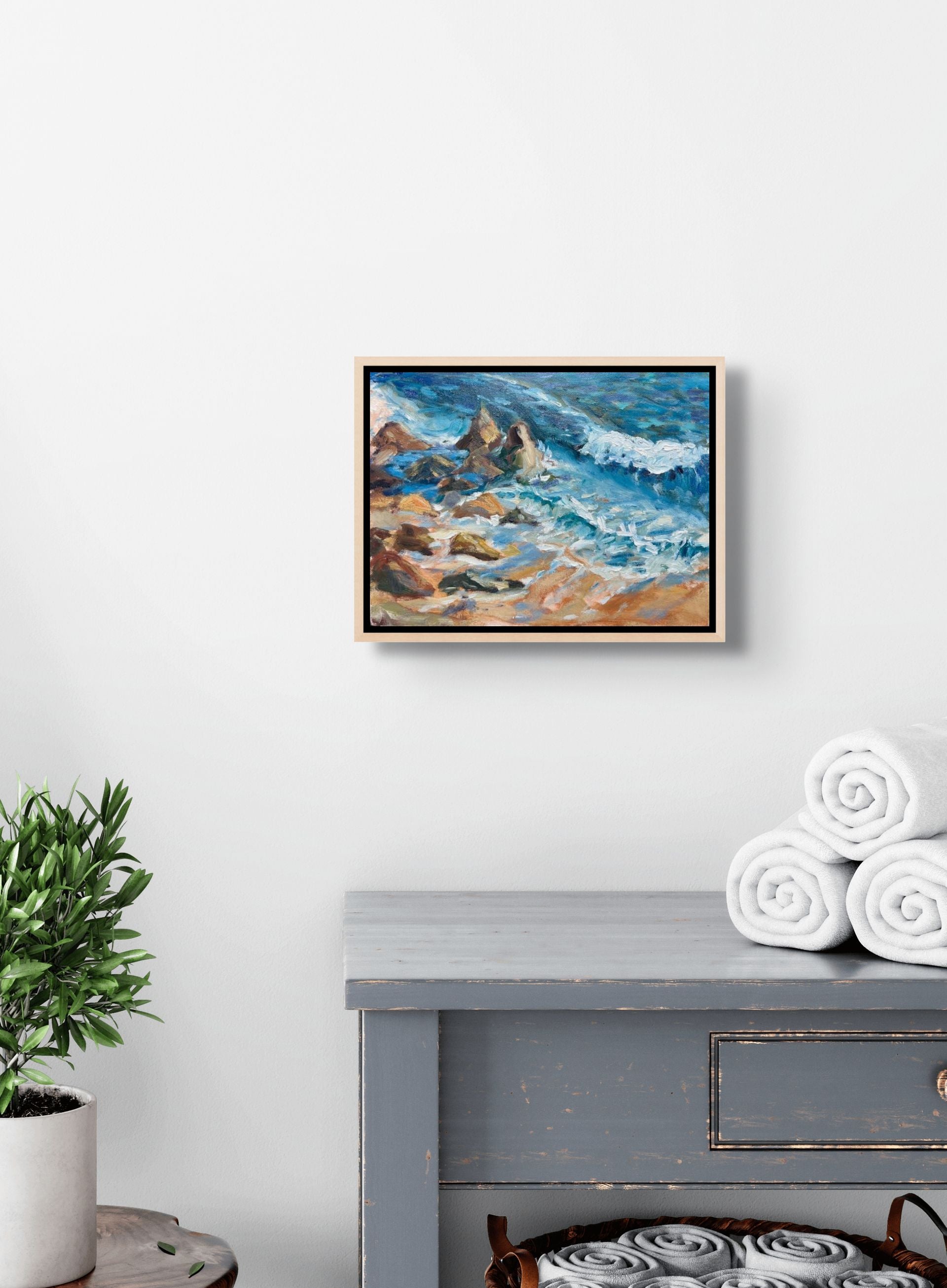 "Swell Waves original oil painting in a rustic bathroom, by Sally Herriott"