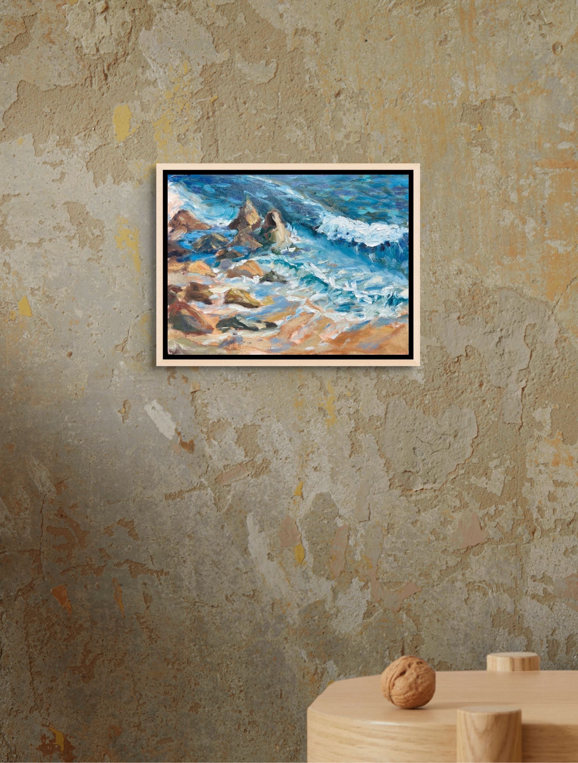 "Swell Waves original oil painting against a textured ochre background, by Sally Herriott"