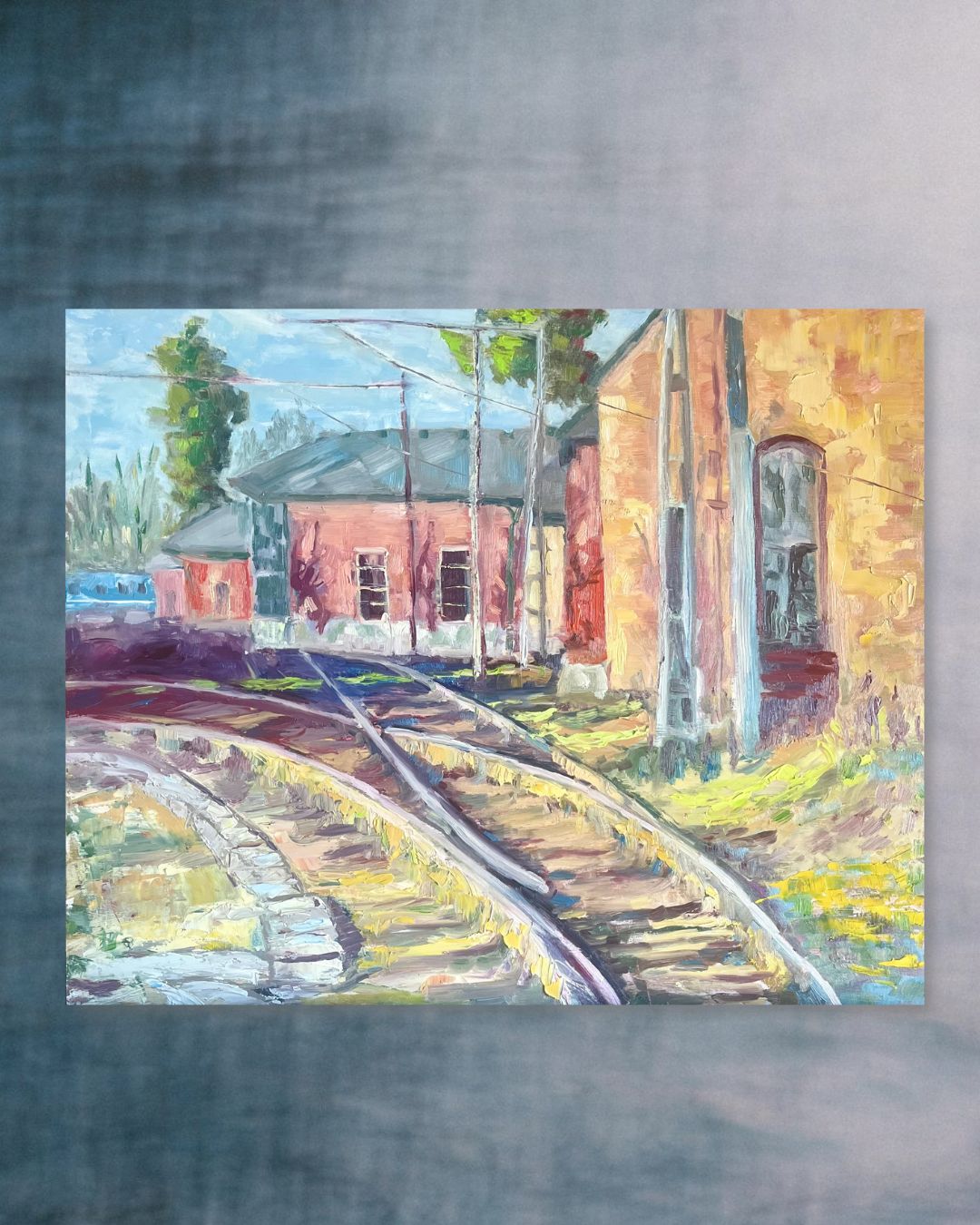 "Technicolor Tracks original oil painting, colorful boat tracks, Saltsjöbaden Sweden, by Sally Herriott"
