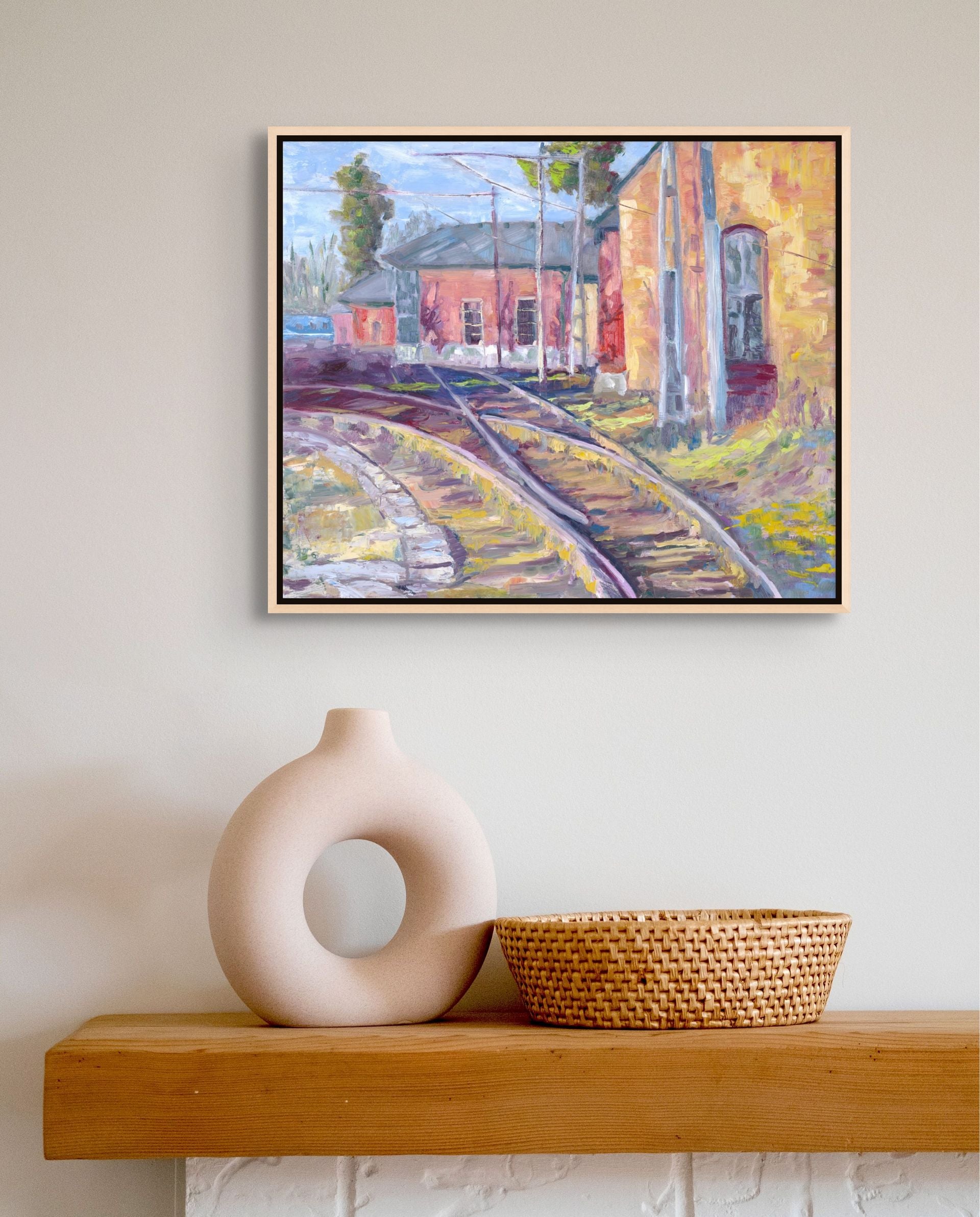 Technicolor Tracks original oil painting on a shelf with a vase, by Sally Herriott"