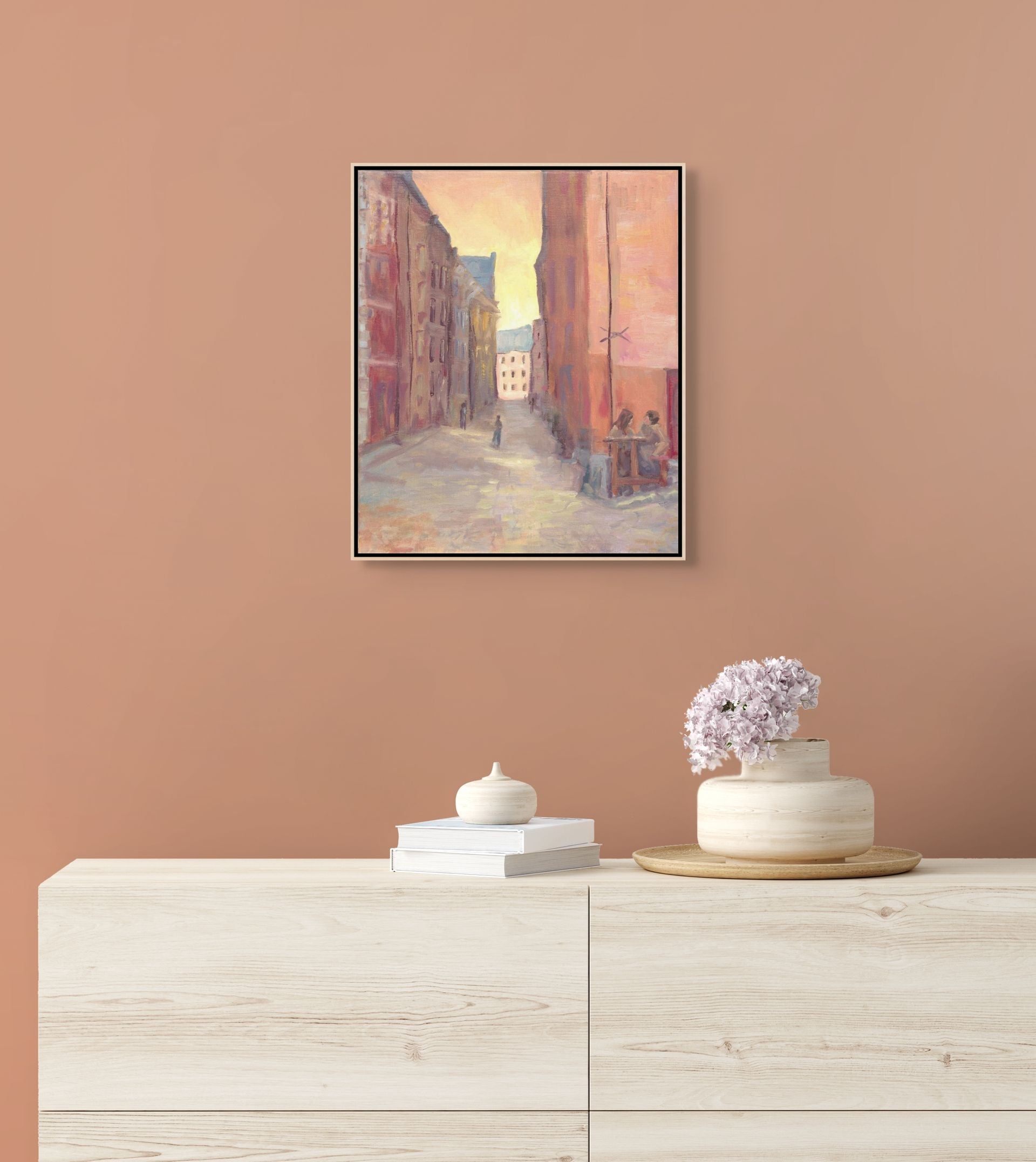 "Terracotta Serenade original oil painting displayed above a sideboard, by Sally Herriott"