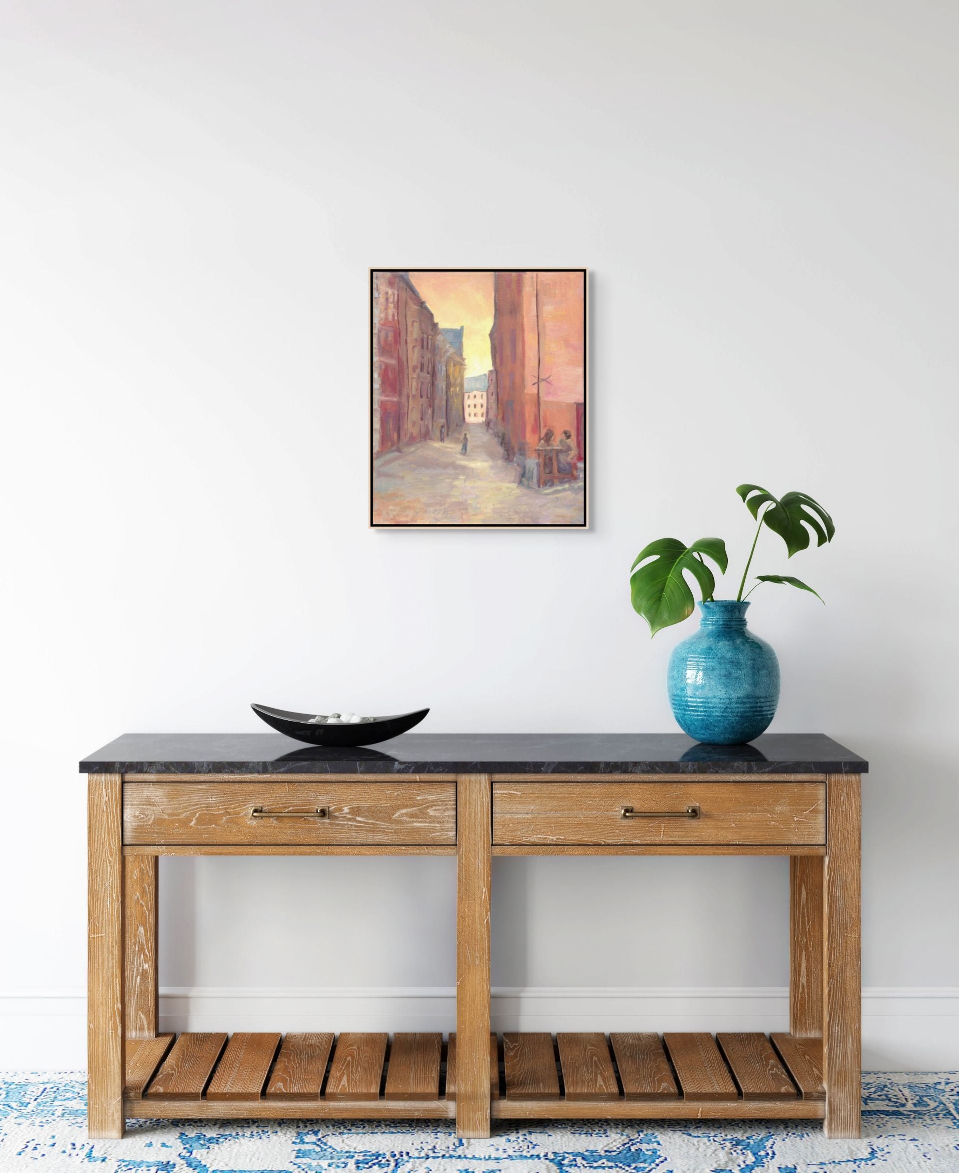 "Terracotta Serenade original oil painting above a Nordic desk, by Sally Herriott"