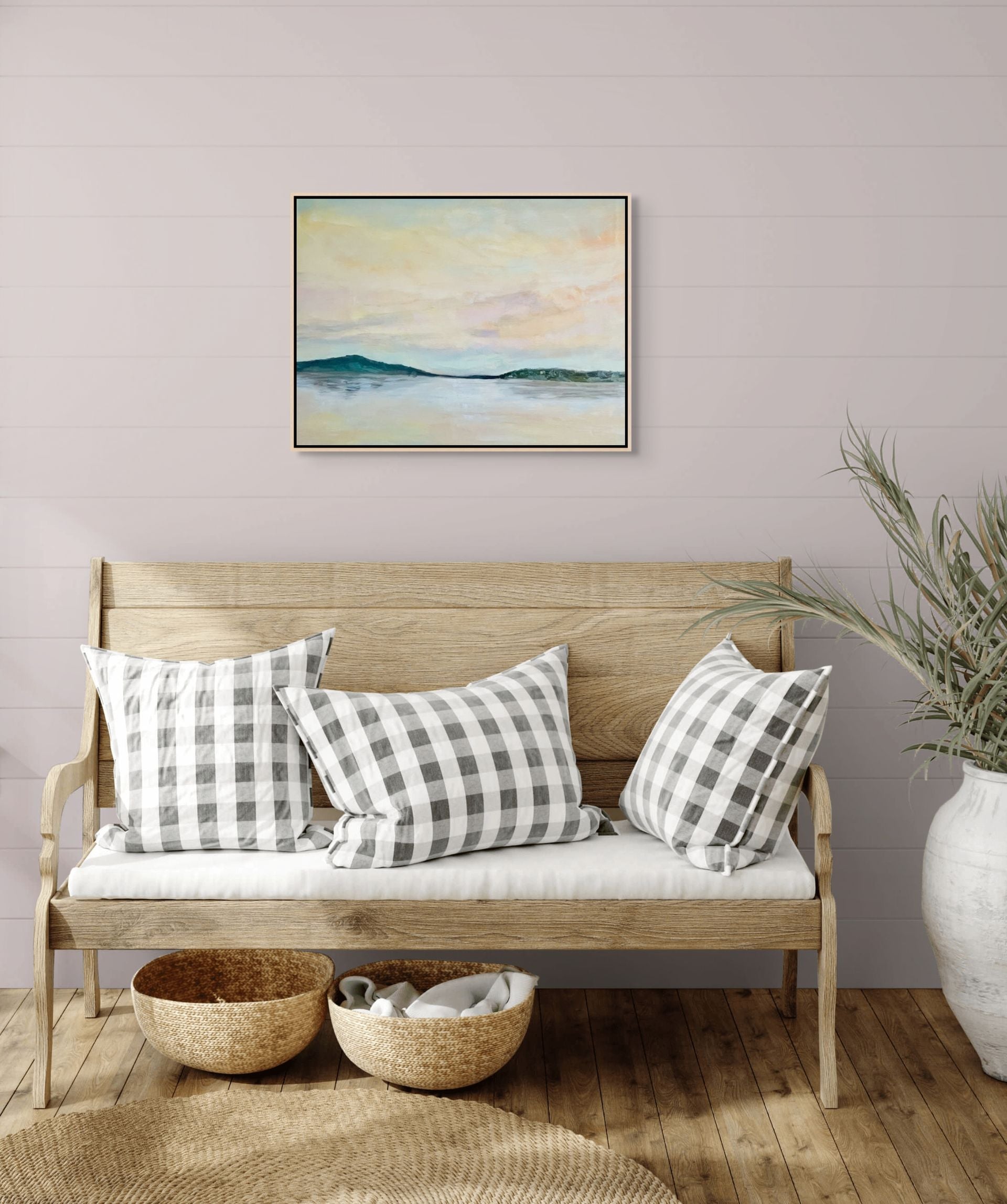 "Tranquil Reflections original oil painting above a farmhouse bench, by Sally Herriott"