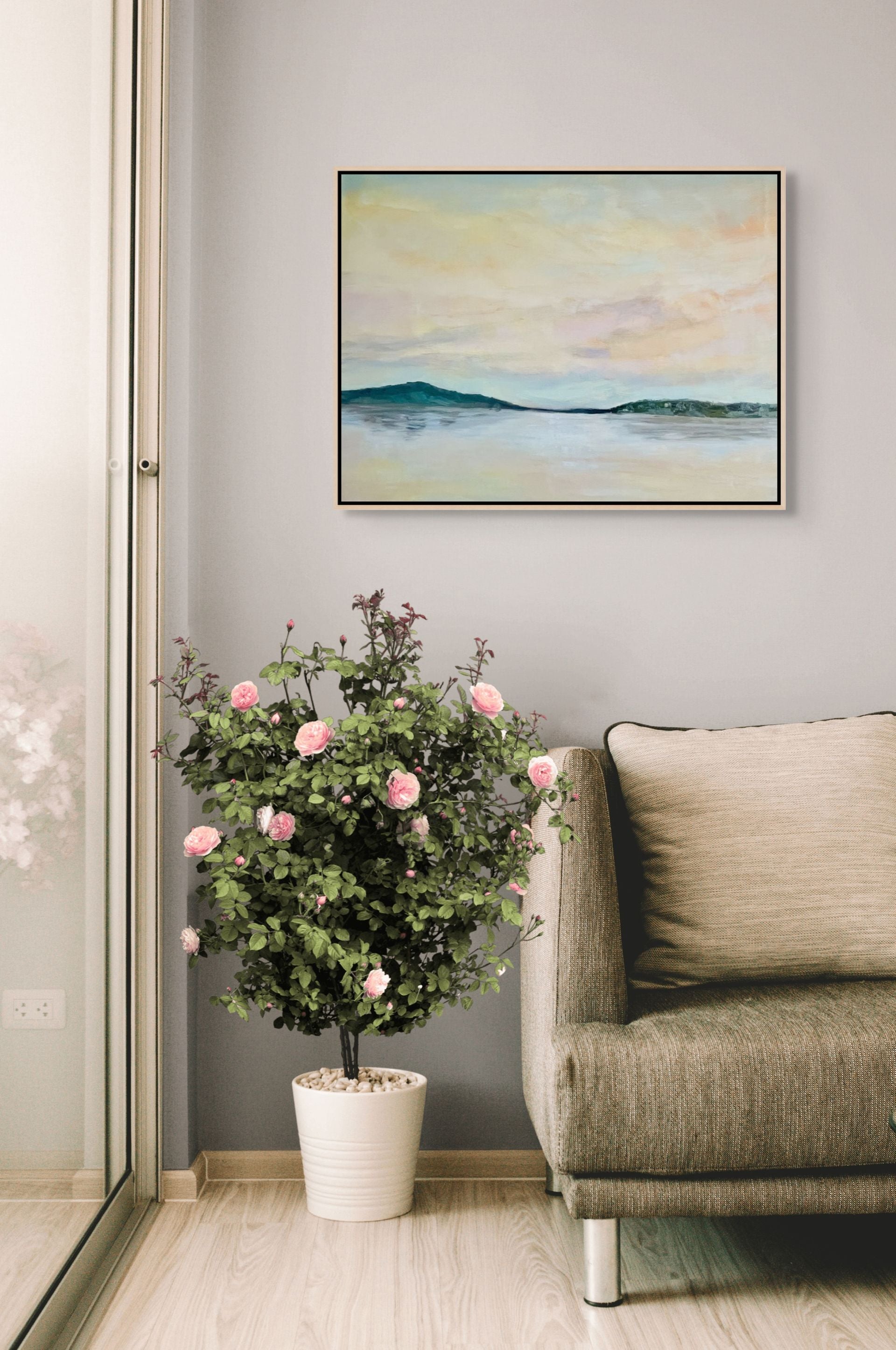 Tranquil Reflections original oil painting above a sofa with roses, by Sally Herriott"