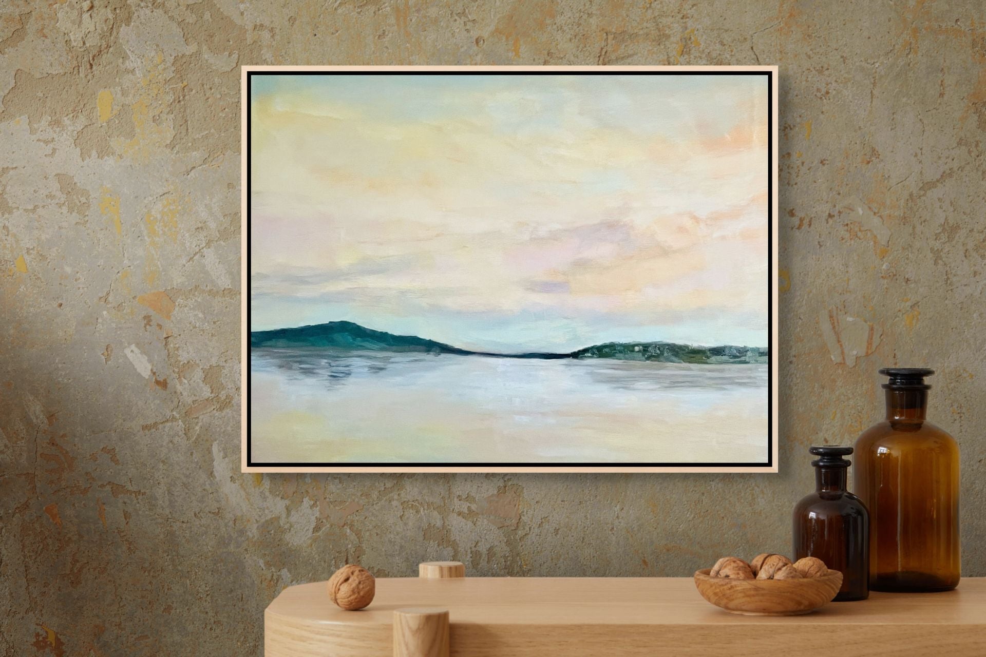 "Tranquil Reflections original oil painting on a textured surface, by Sally Herriott"