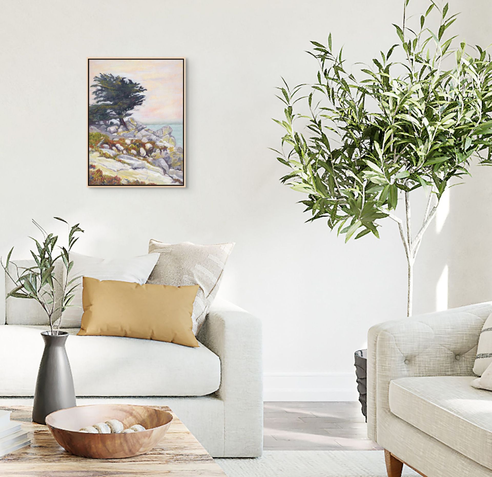 "Under a Winter's Sky original oil painting in a bright lounge, by Sally Herriott"