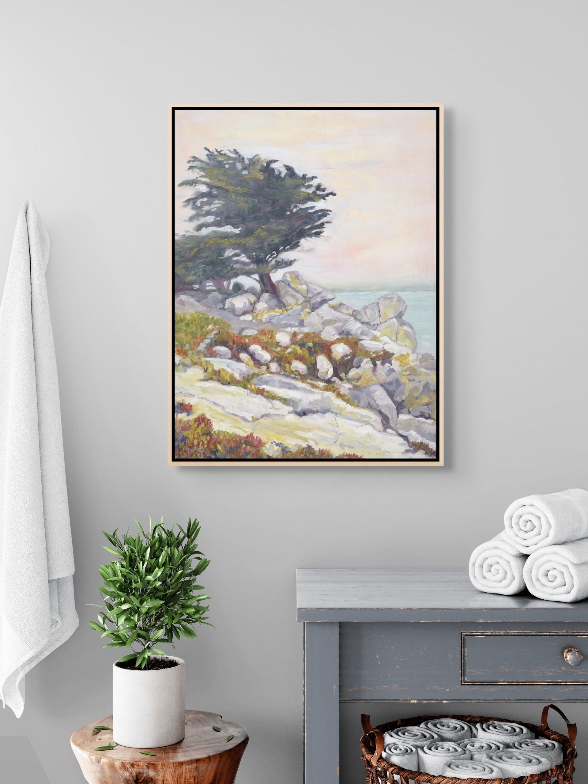 "Under a Winter's Sky original oil painting in a cosy bathroom, by Sally Herriott"