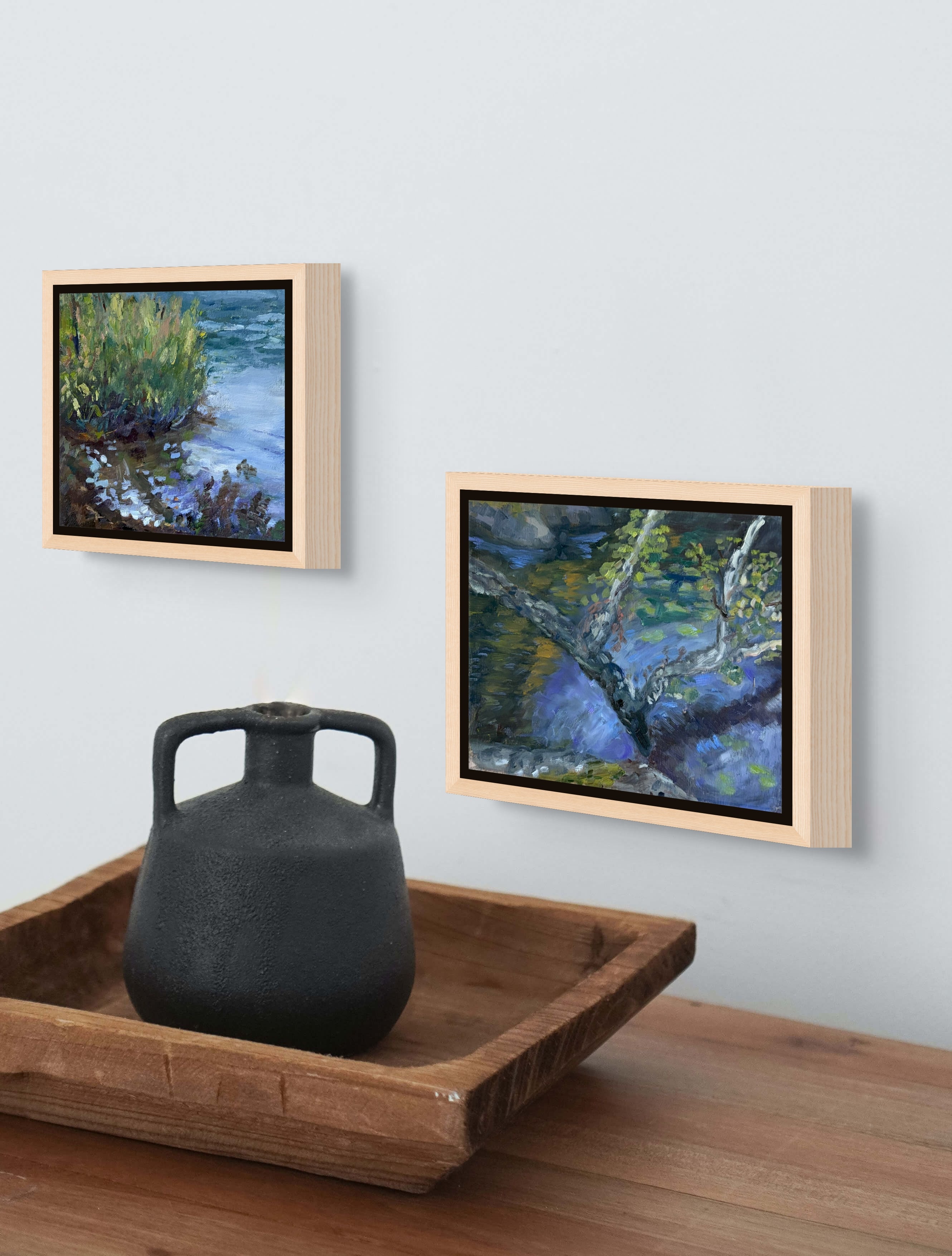 Two framed artworks "Whispering Waters and Blaze of Glory study original oil painting, Saltsjöbaden Sweden, by Sally Herriott"