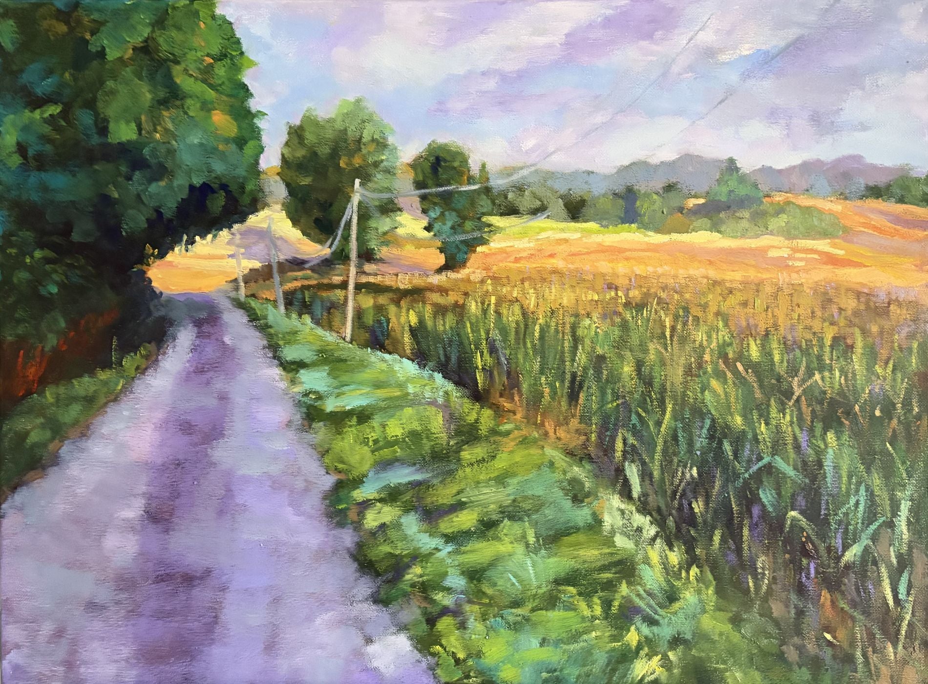 "Morning Meadows original oil painting detail, Puy Vidal France, by Sally Herriott"