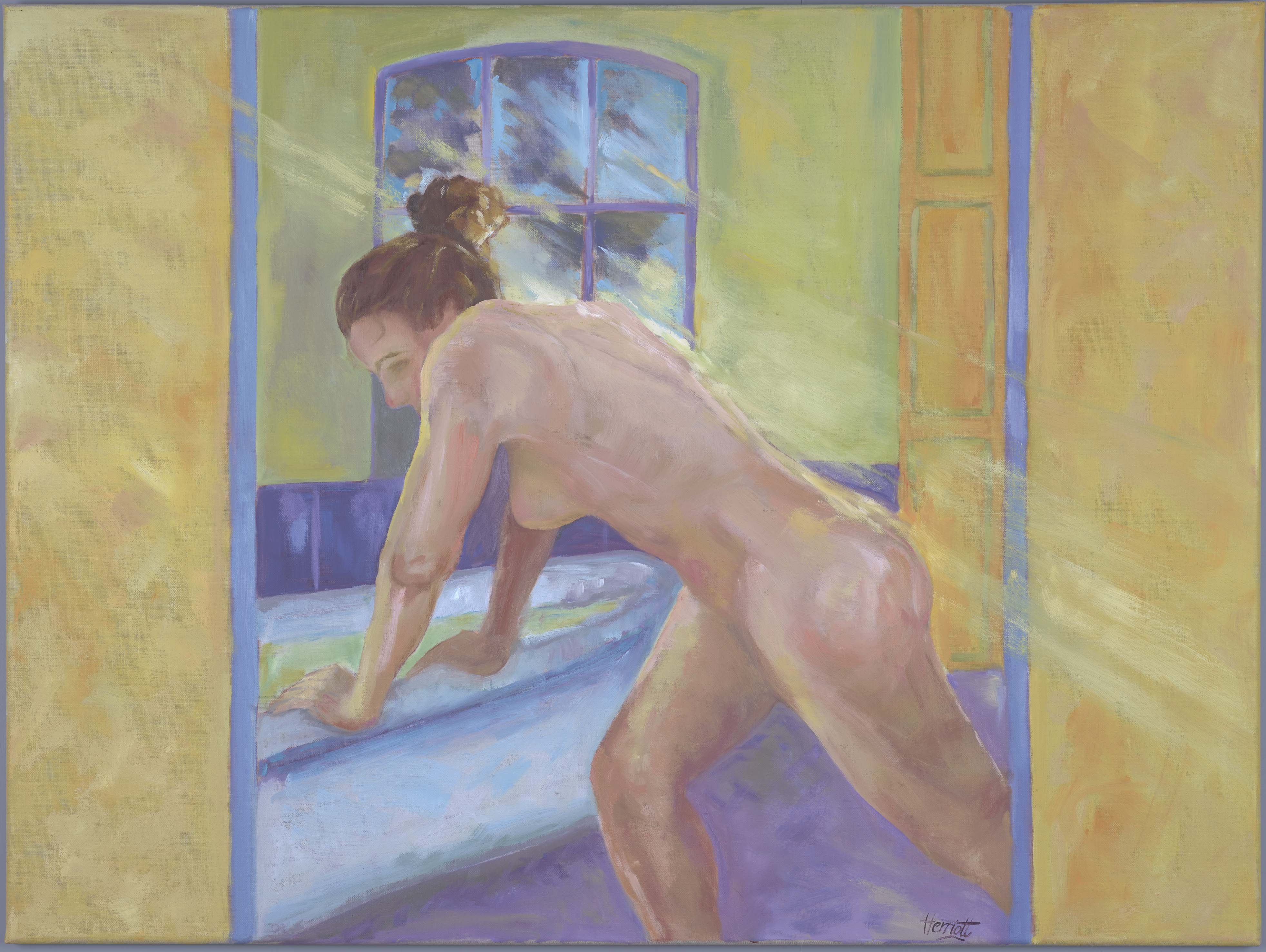 "Sunlit Bather original oil painting, figurative work by Sally Herriott, Sweden"
