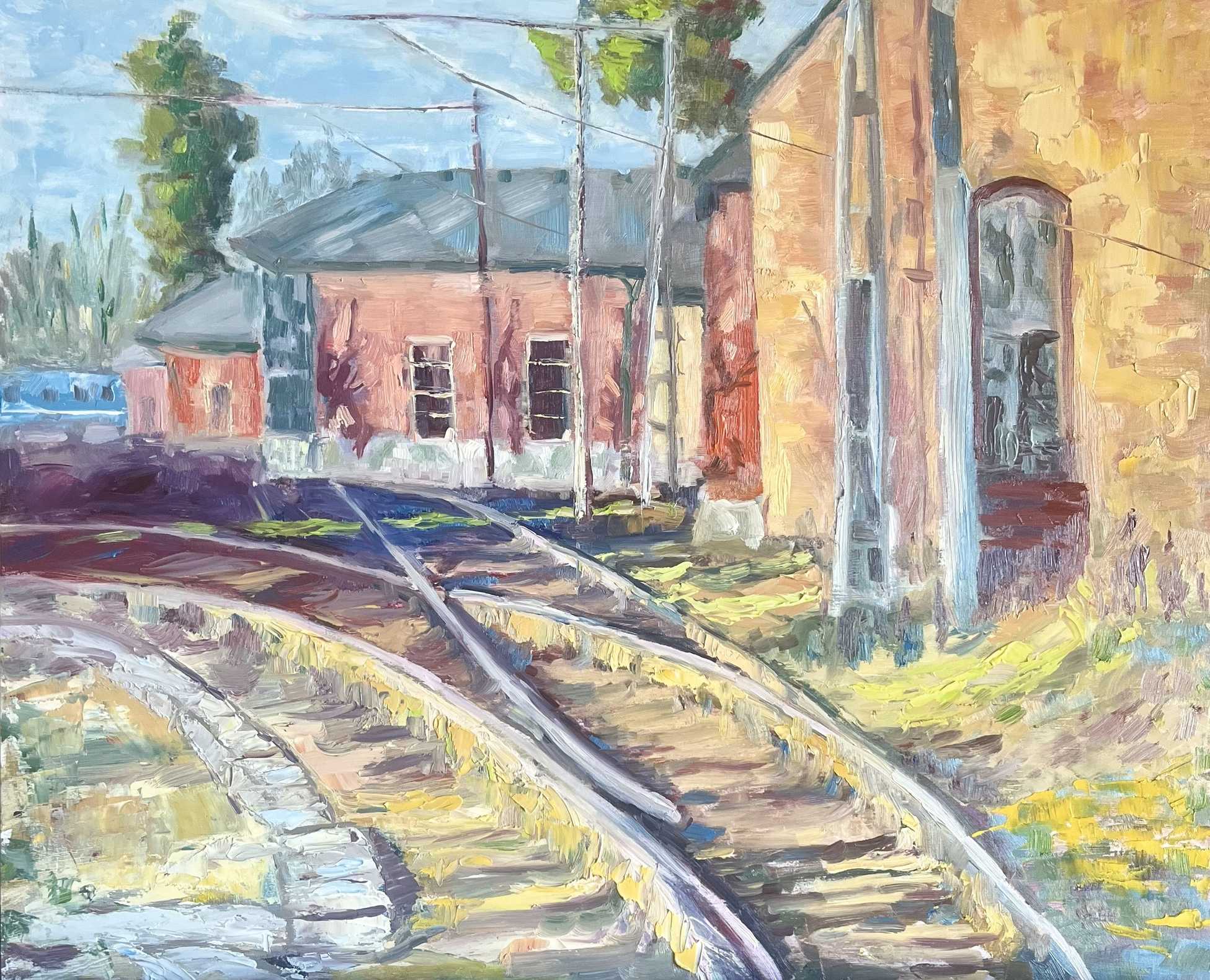  "Technicolor Tracks original oil painting, train tracks, detail, Saltsjöbaden Sweden, by Sally Herriott"
