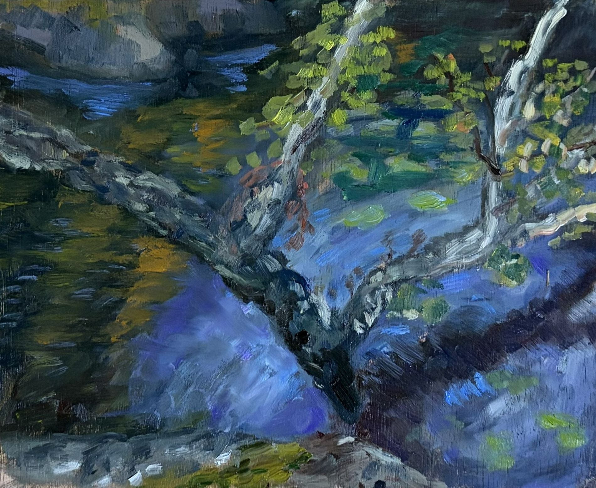 Whispering Waters original oil painting, calm reflective water, Saltsjöbaden Sweden, by Sally Herriott"
