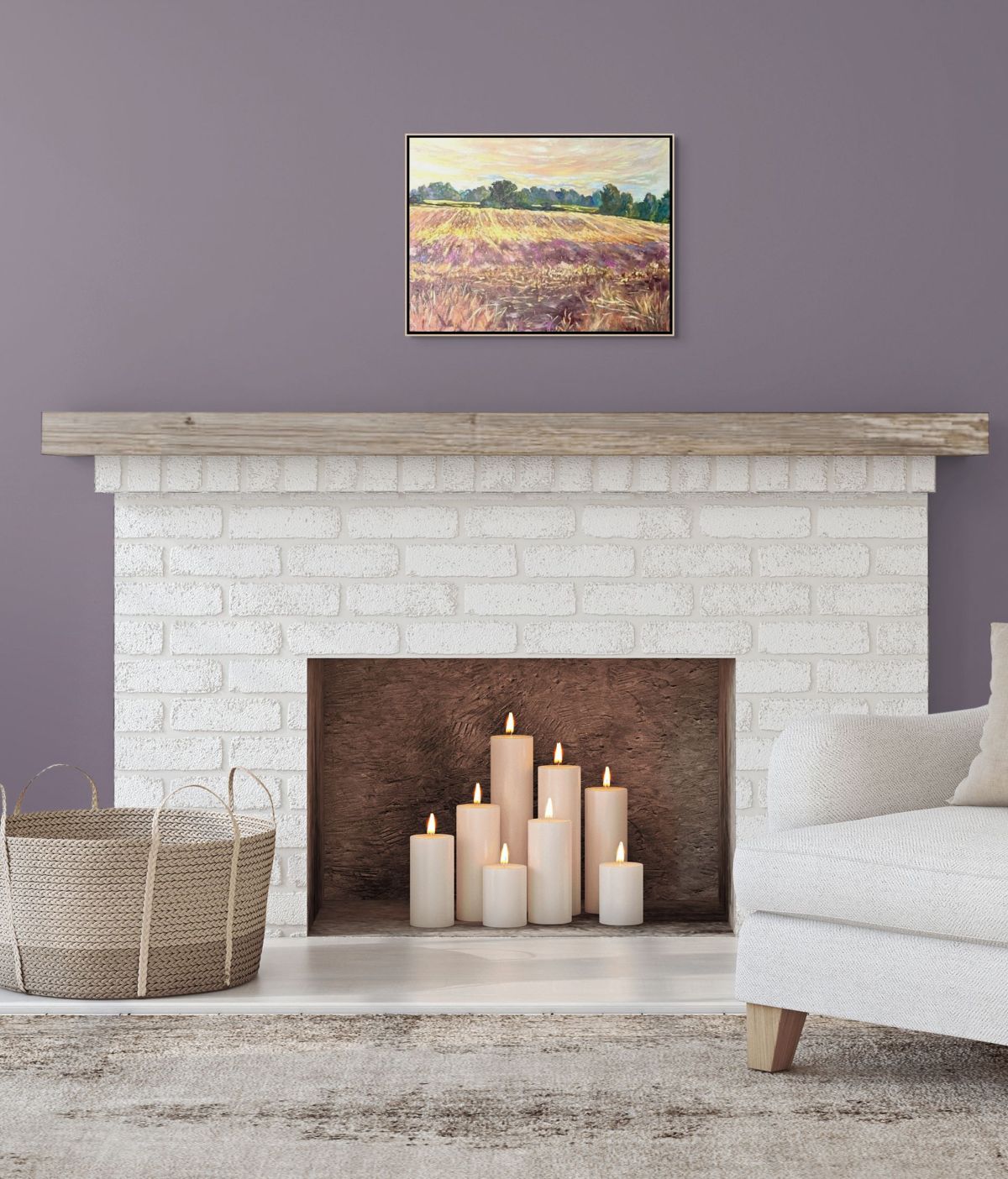  "After the Harvest original oil painting above a fireplace, by Sally Herriott"