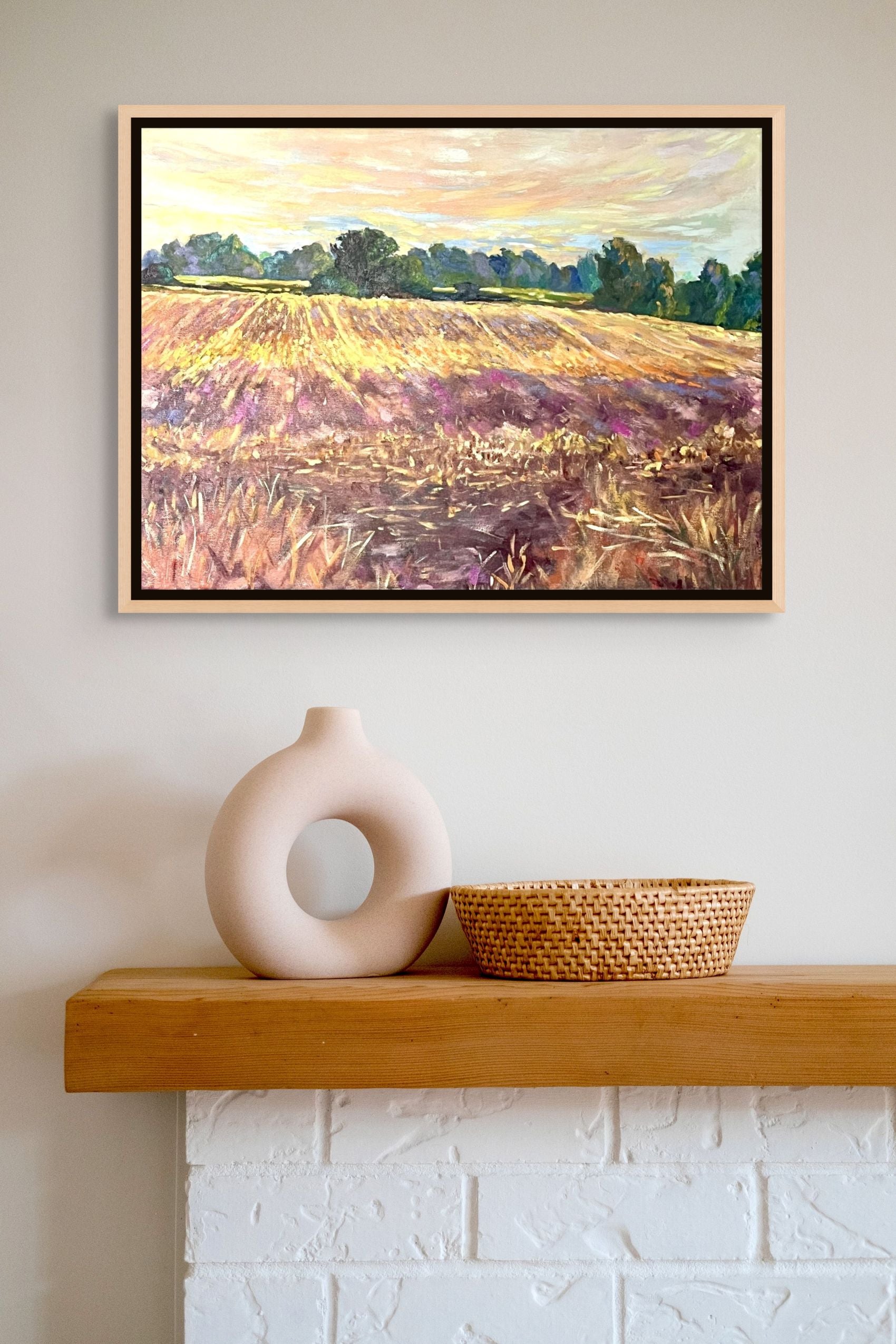 "After the Harvest original oil painting on a pink wall, by Sally Herriott"