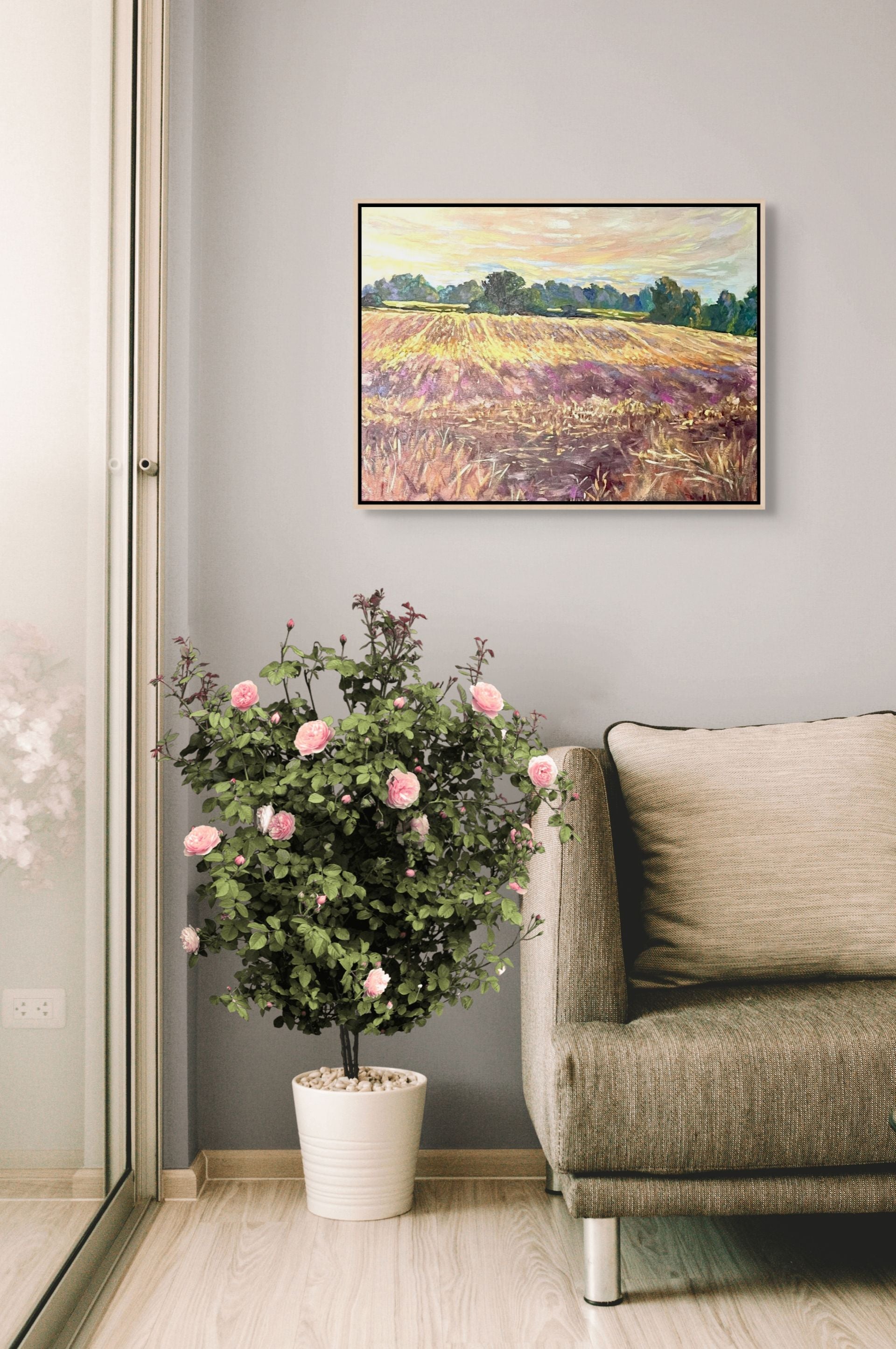 "After the Harvest original oil painting next to roses and a sofa, by Sally Herriott"