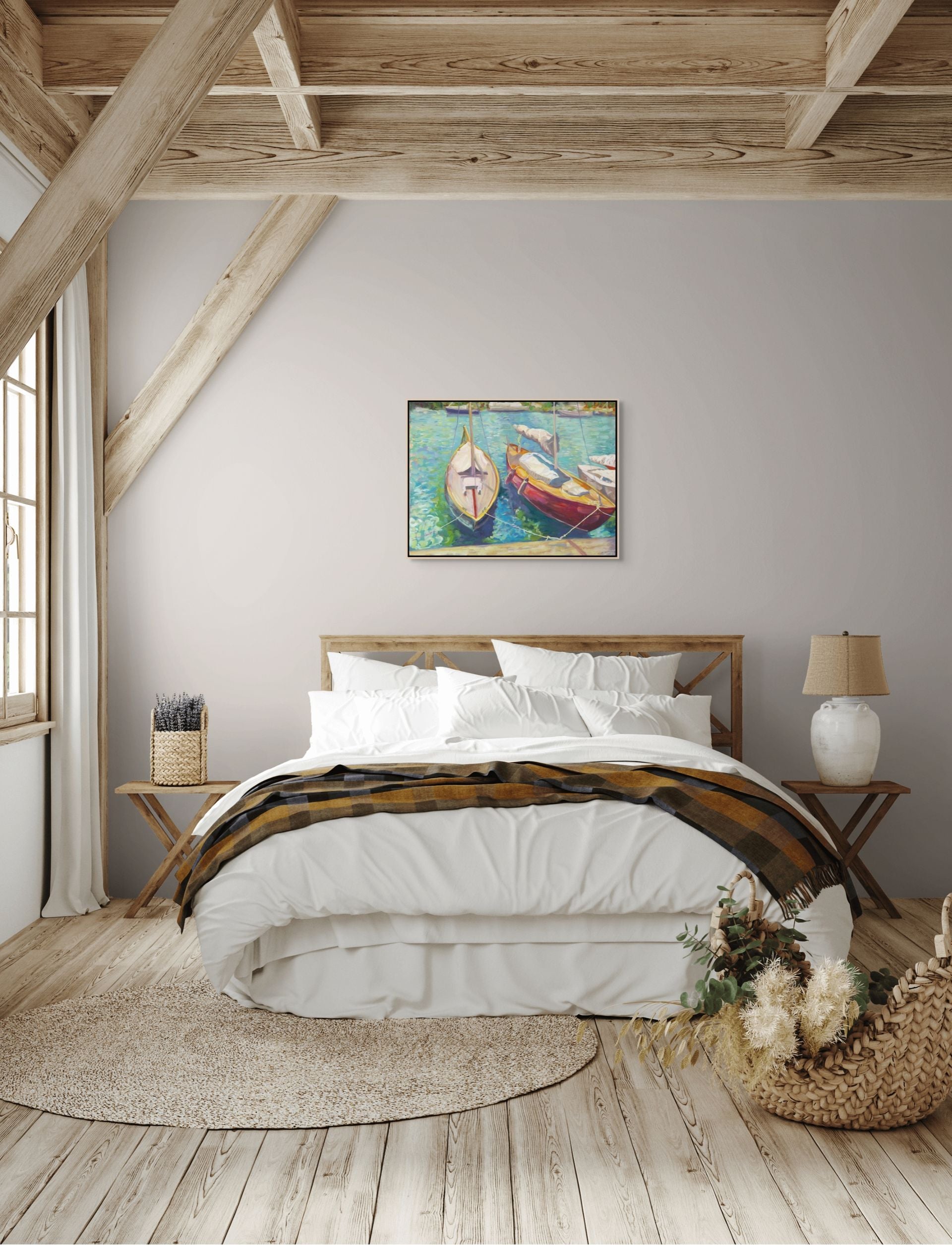 "Aqua Ripples original oil painting in a bohemian styled room, by Sally Herriott"