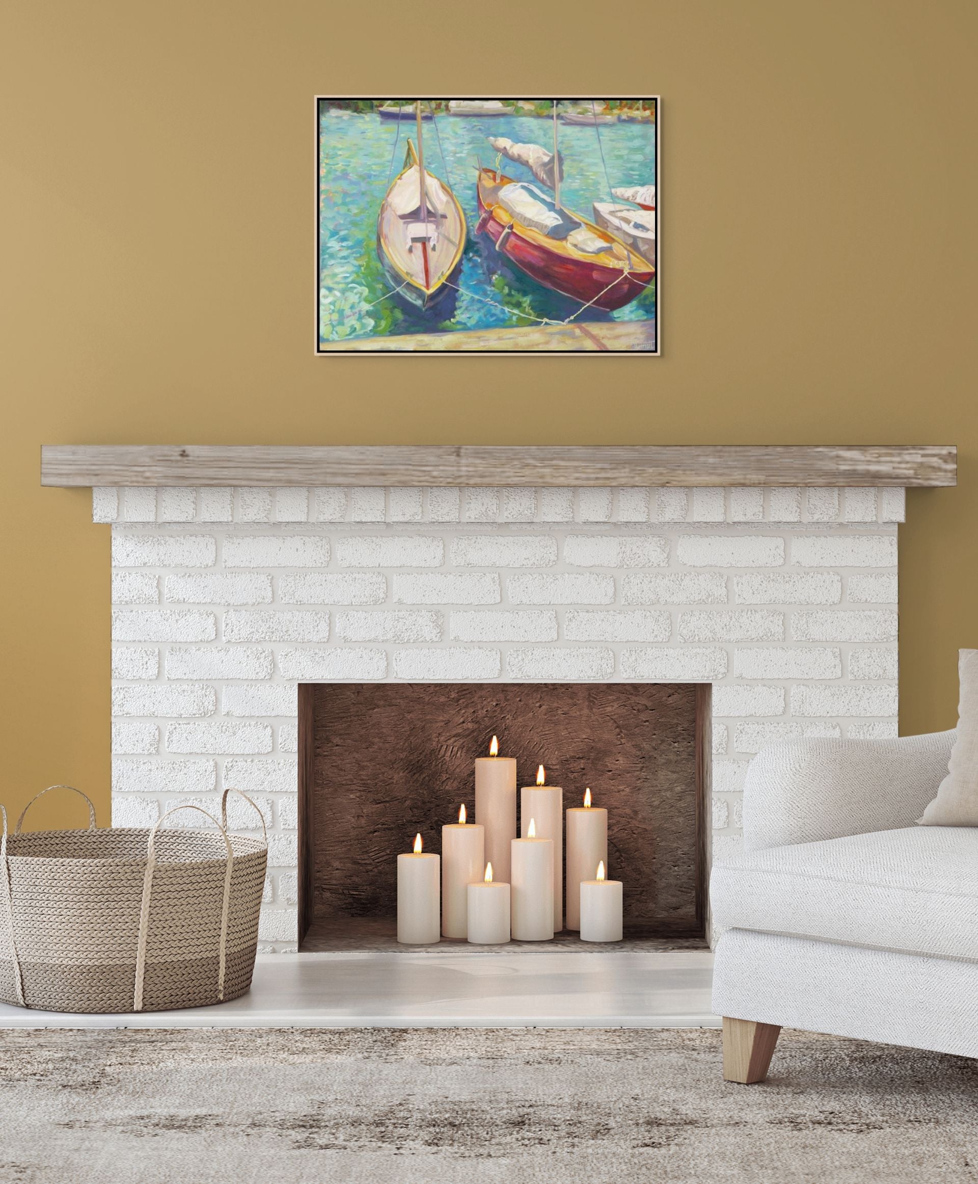 Aqua Ripples original oil painting above a fireplace with ochre walls, by Sally Herriott"