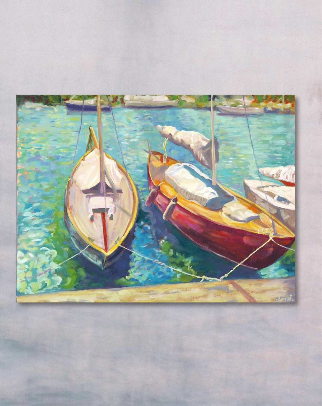 "Aqua Ripples original oil painting, shimmering water reflections, Saltsjöbaden Sweden, by Sally Herriott"