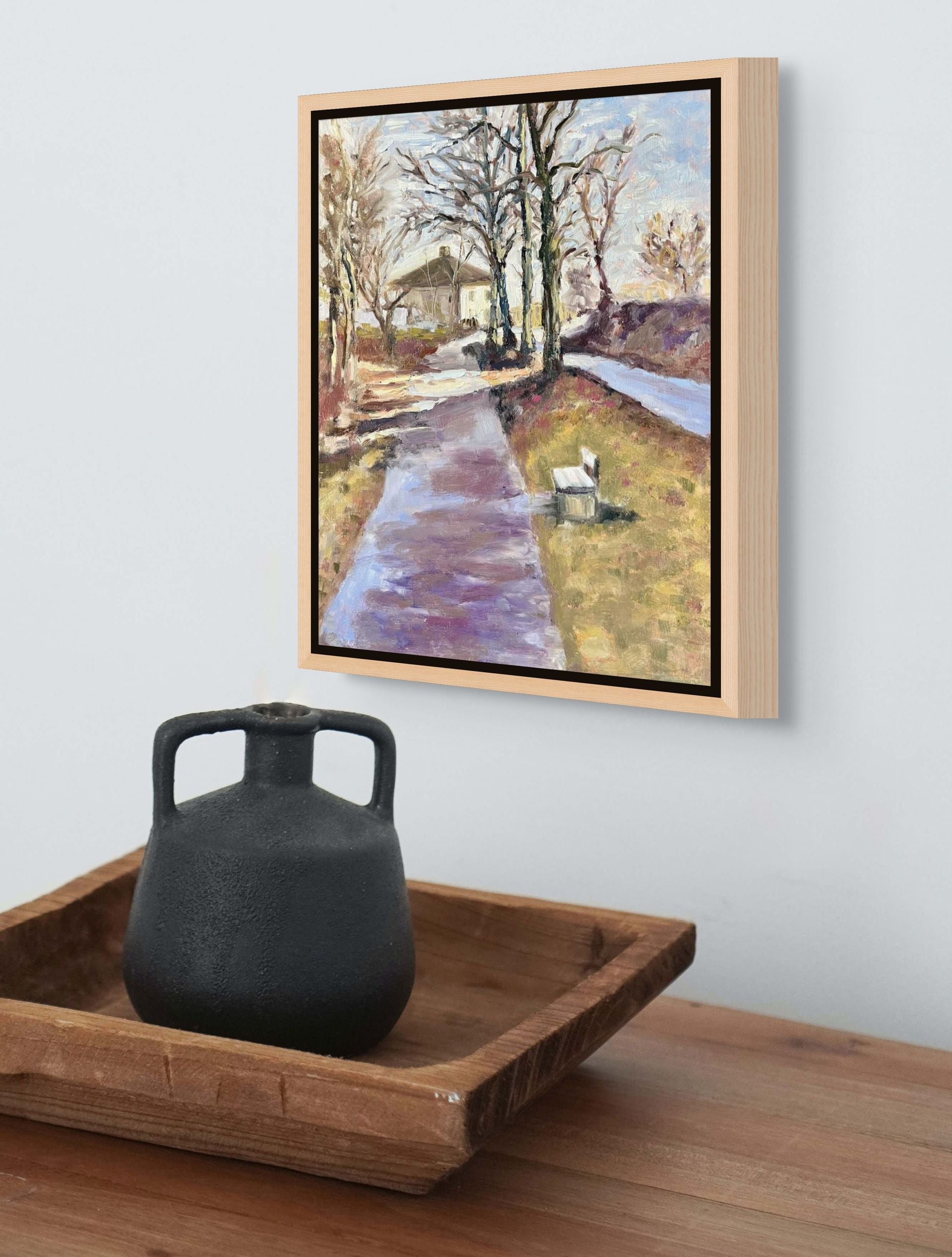 "Converging Paths original oil painting displayed with an antique jar, by Sally Herriott"