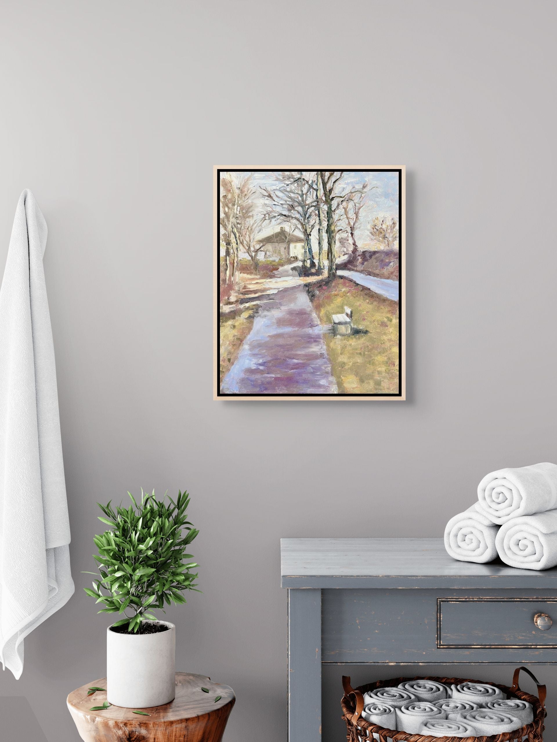 "Converging Paths original oil painting in a bathroom corner, by Sally Herriott"