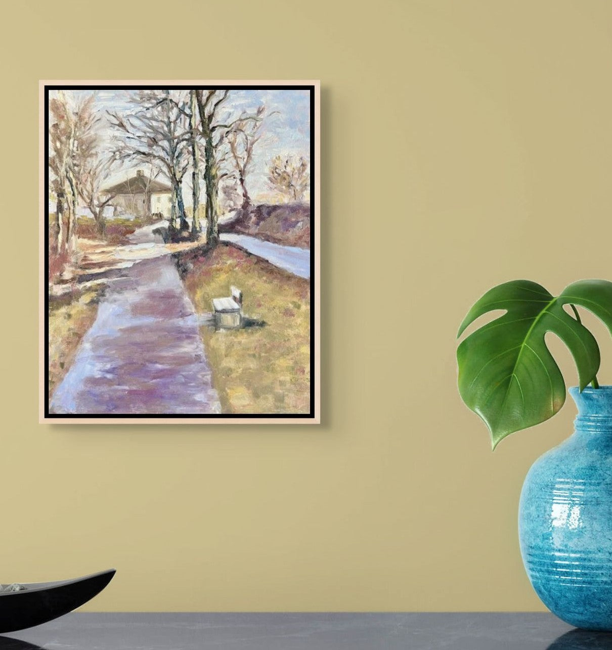 "Converging Paths original oil painting displayed with a blue vase, by Sally Herriott"