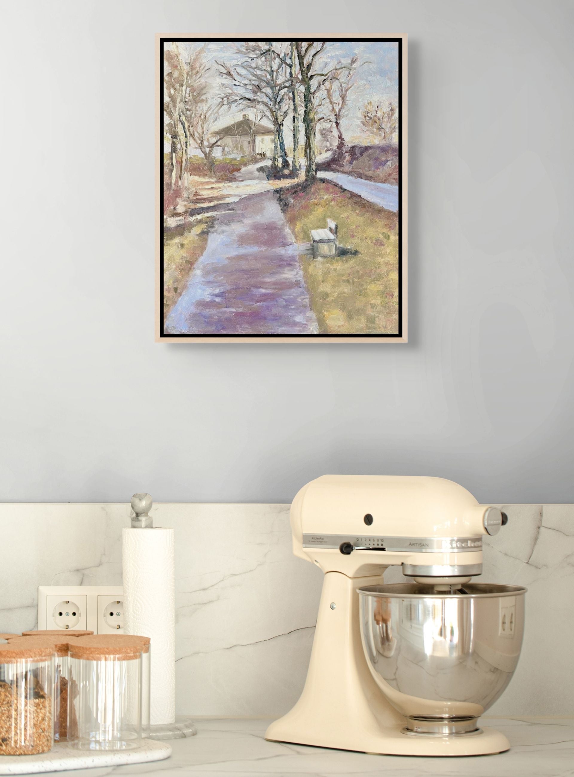 "Converging Paths original oil painting in a kitchen, by Sally Herriott"