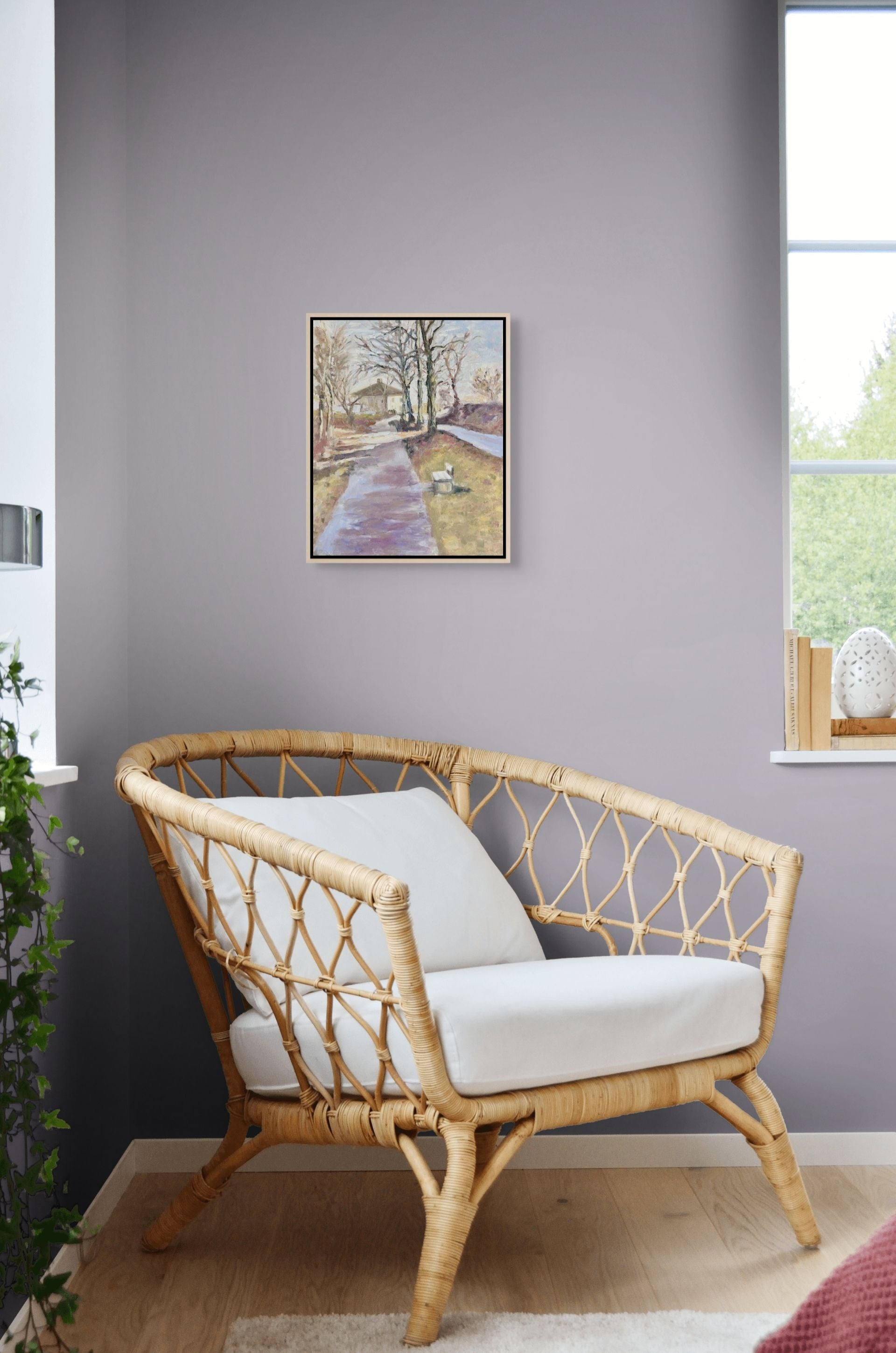 "Converging Paths original oil painting above a wicker chair, by Sally Herriott"