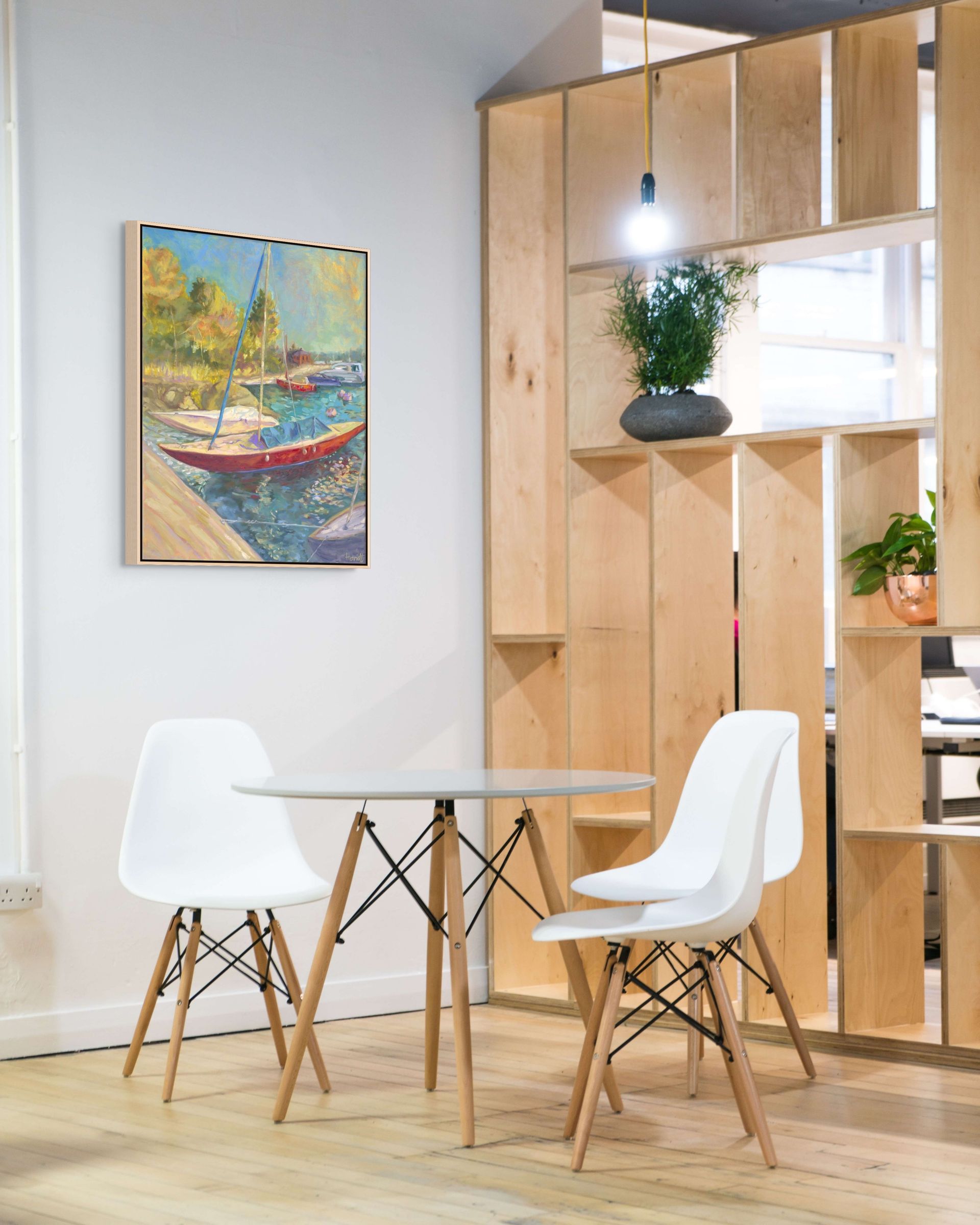 "Dreamboat original oil painting in a café corner, by Sally Herriott"