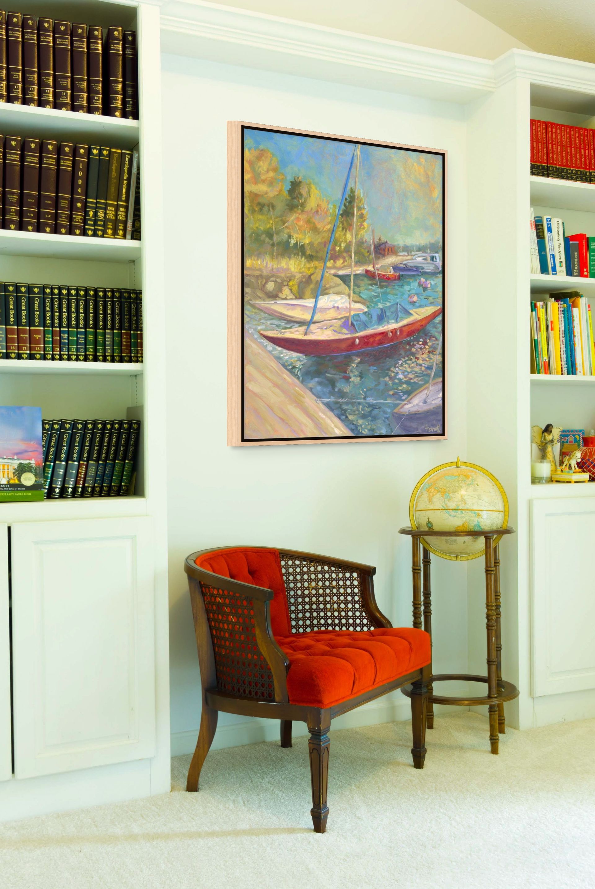 "Dreamboat original oil painting in a library, by Sally Herriott"