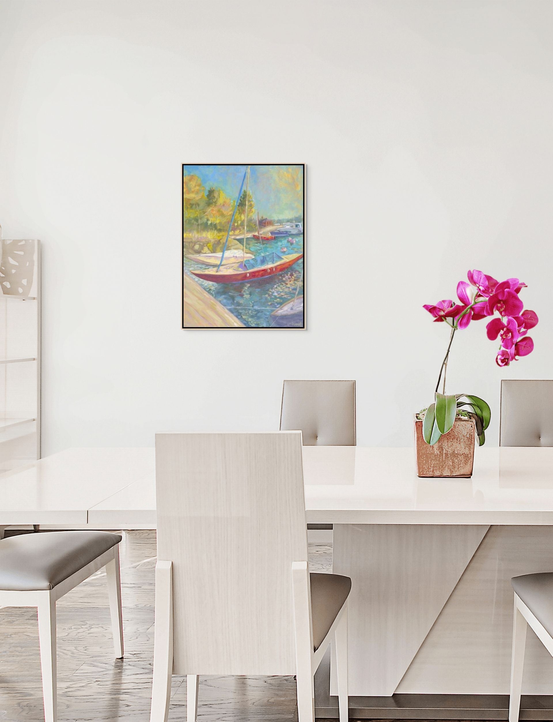 Dreamboat original oil painting in a dining room with orchids, by Sally Herriott"