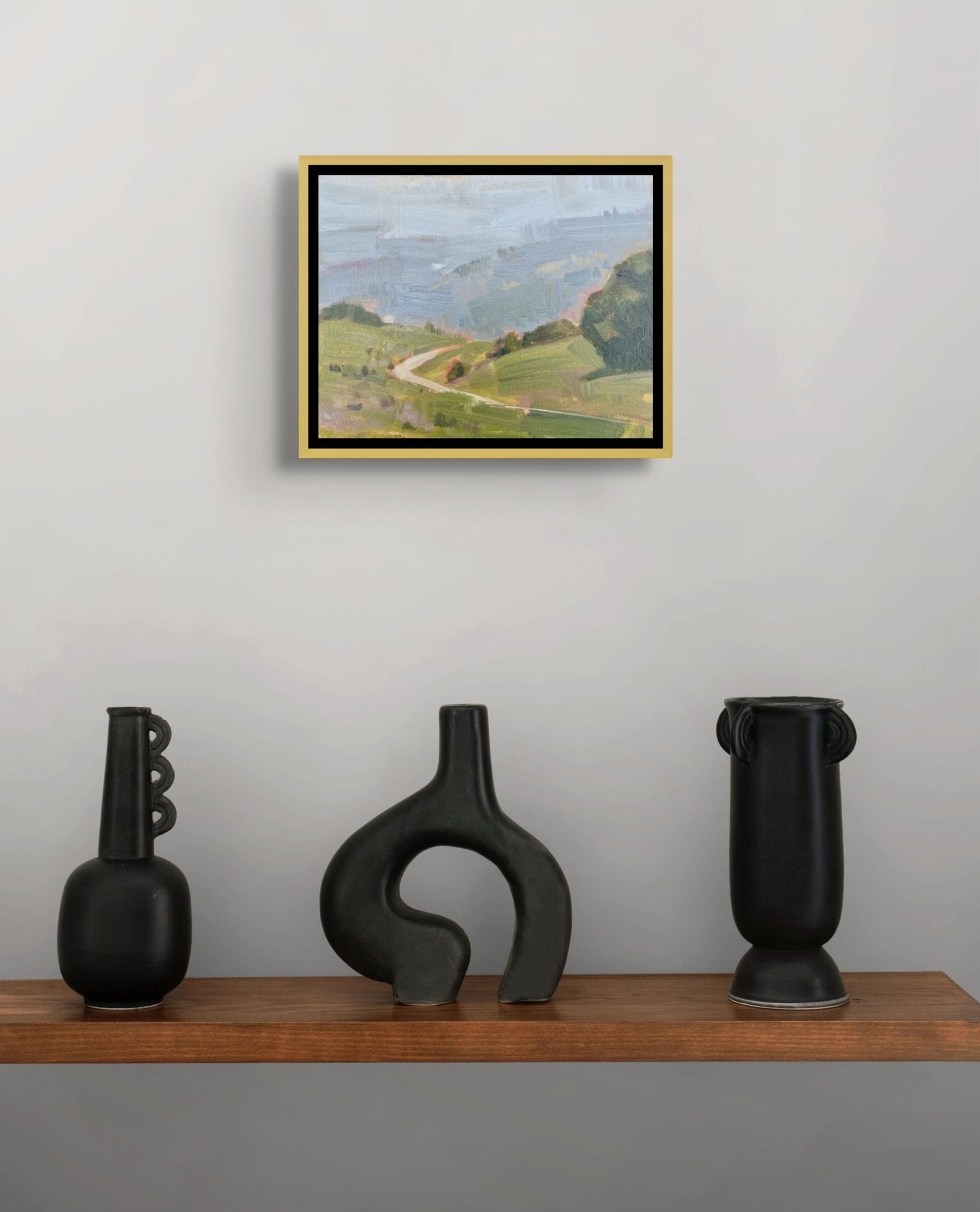  "Fog and Sun in Ojai original oil painting on a shelf, Ojai California, by Sally Herriott"