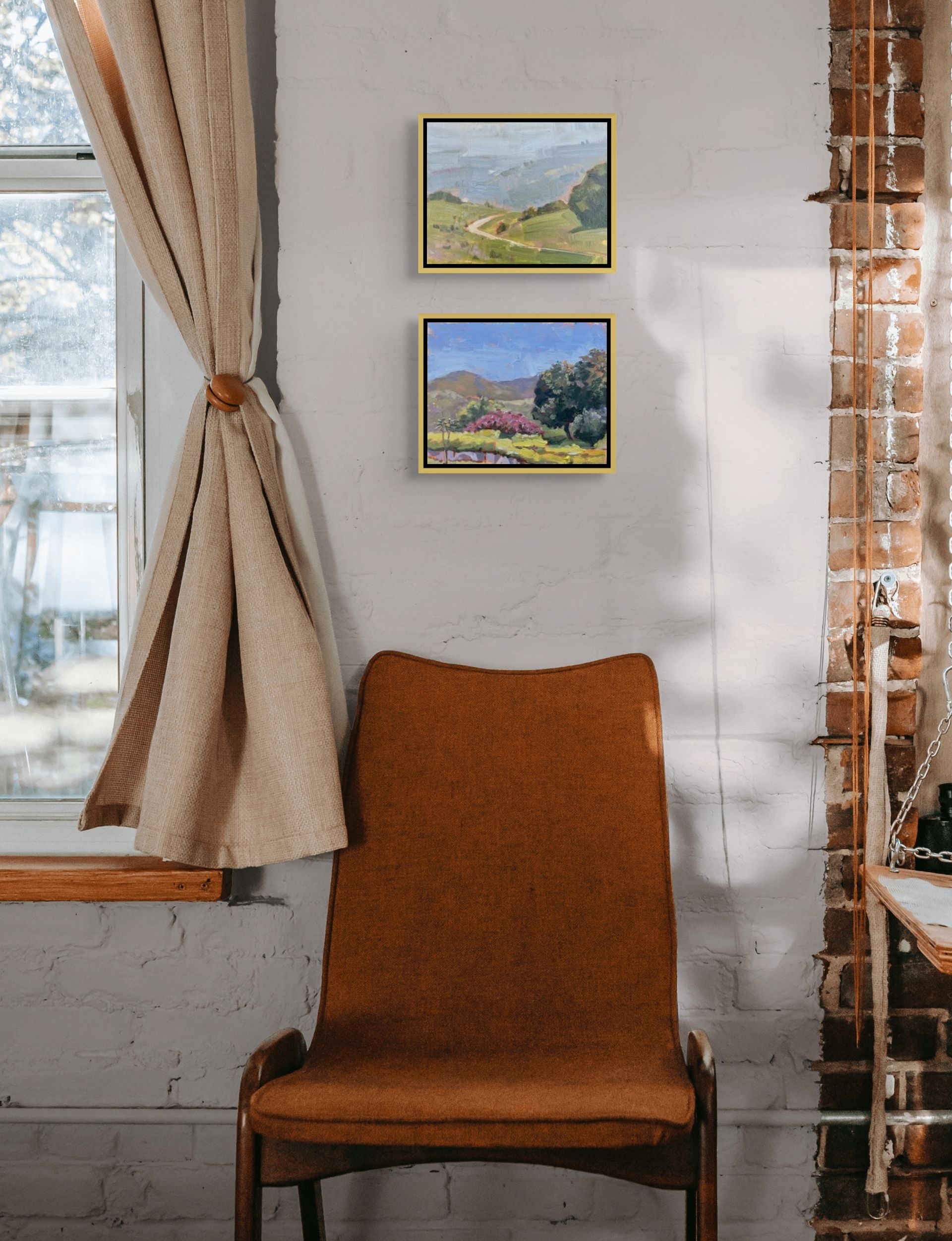 "Fog and Sun in Ojai and Pink Glory original oil paintings displayed together on a wall, by Sally Herriott"