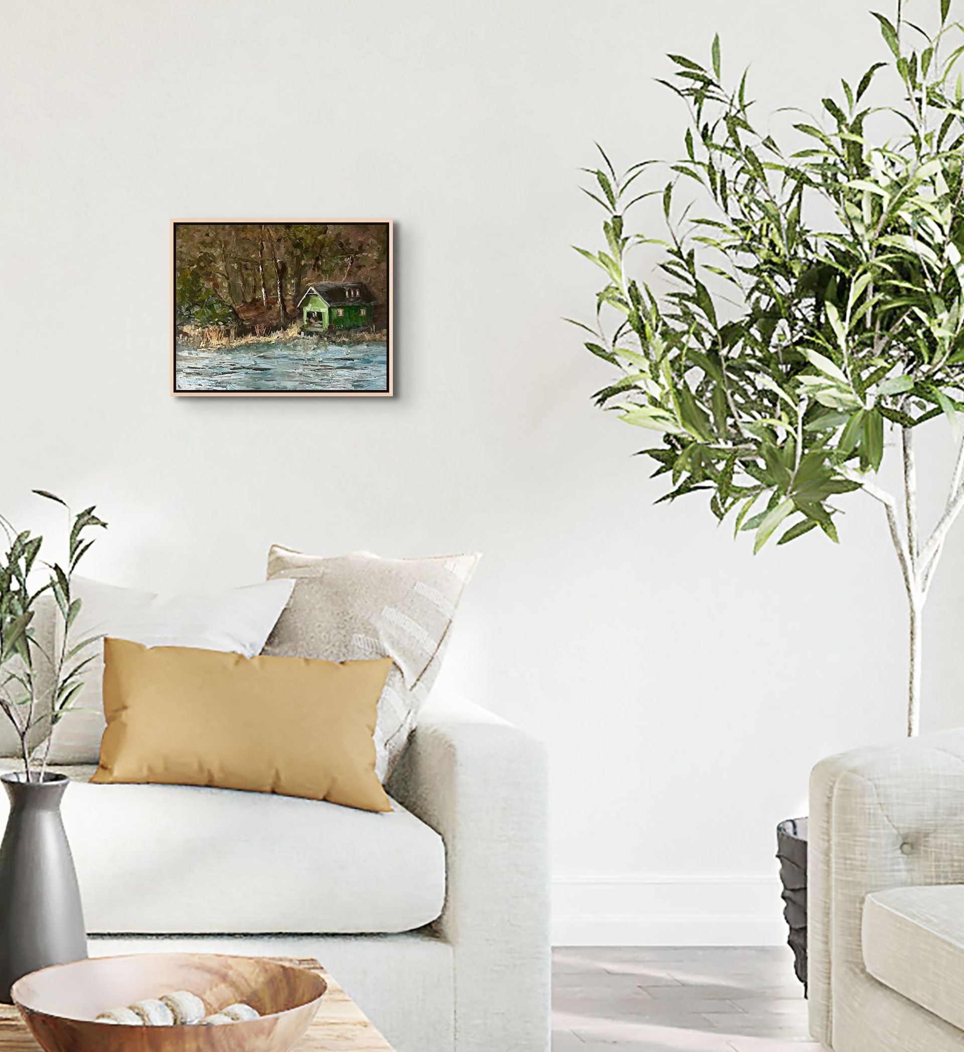 "Green Boat Shed original oil painting displayed in a lounge, by Sally Herriott"