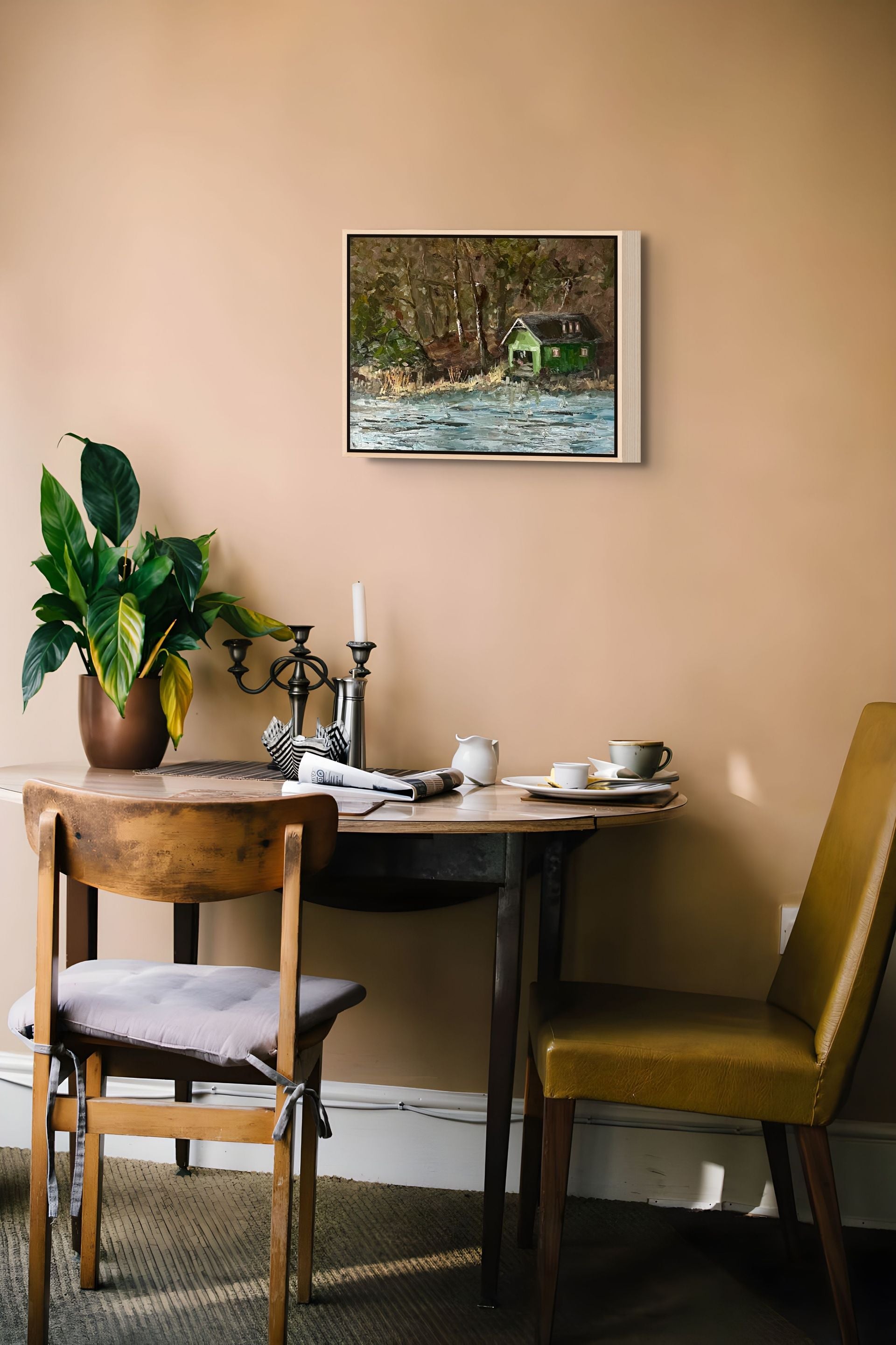 "Green Boat Shed original oil painting in a dining room, Saltsjöbaden Sweden, by Sally Herriott"