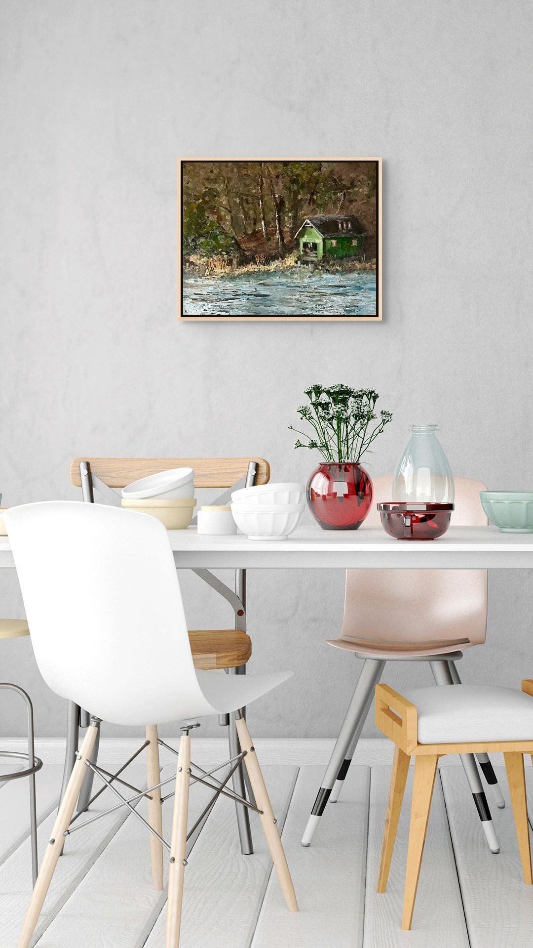 "Green Boat Shed original oil painting in a white dining room, by Sally Herriott"