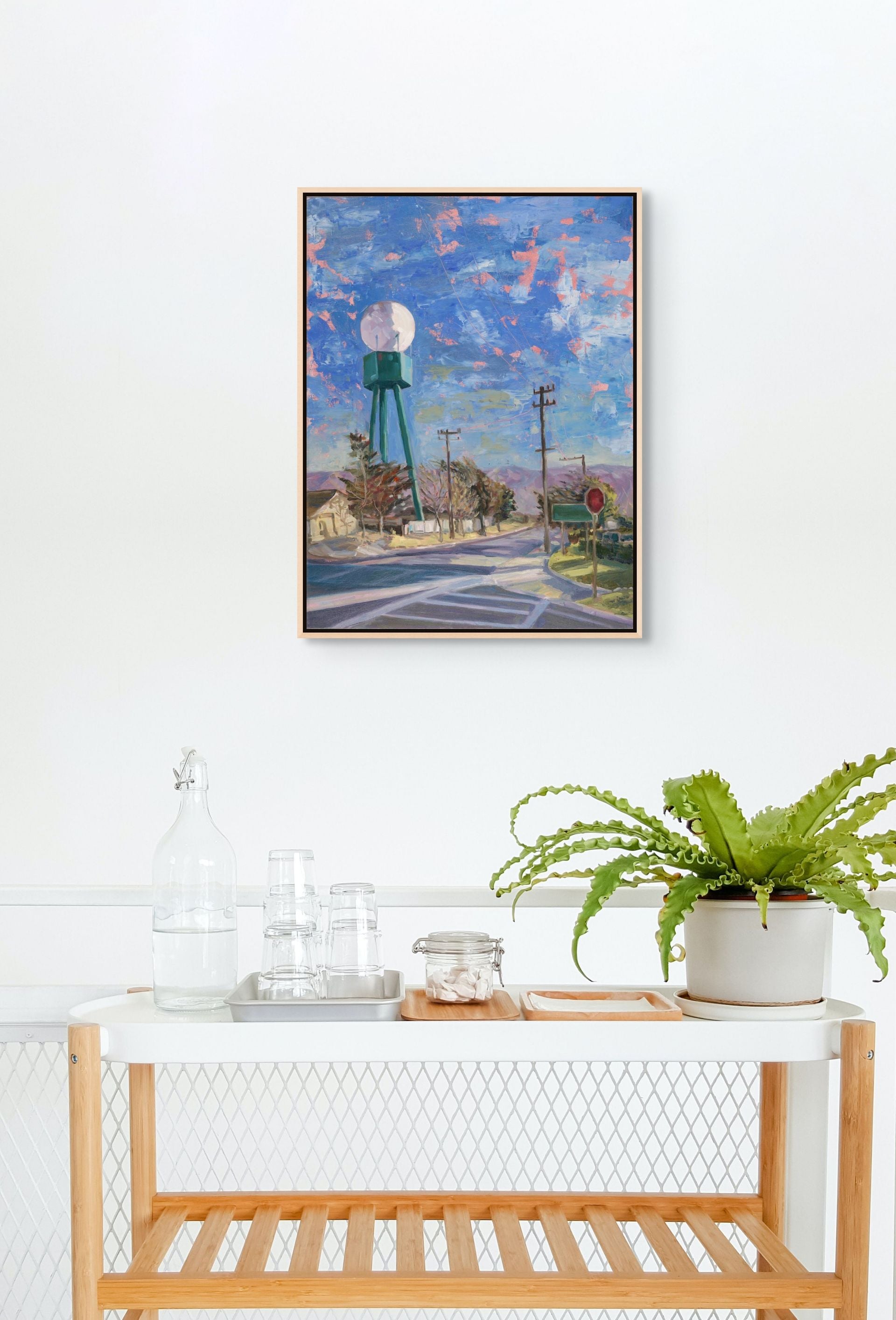 "High Water original oil painting displayed with a fern, by Sally Herriott"