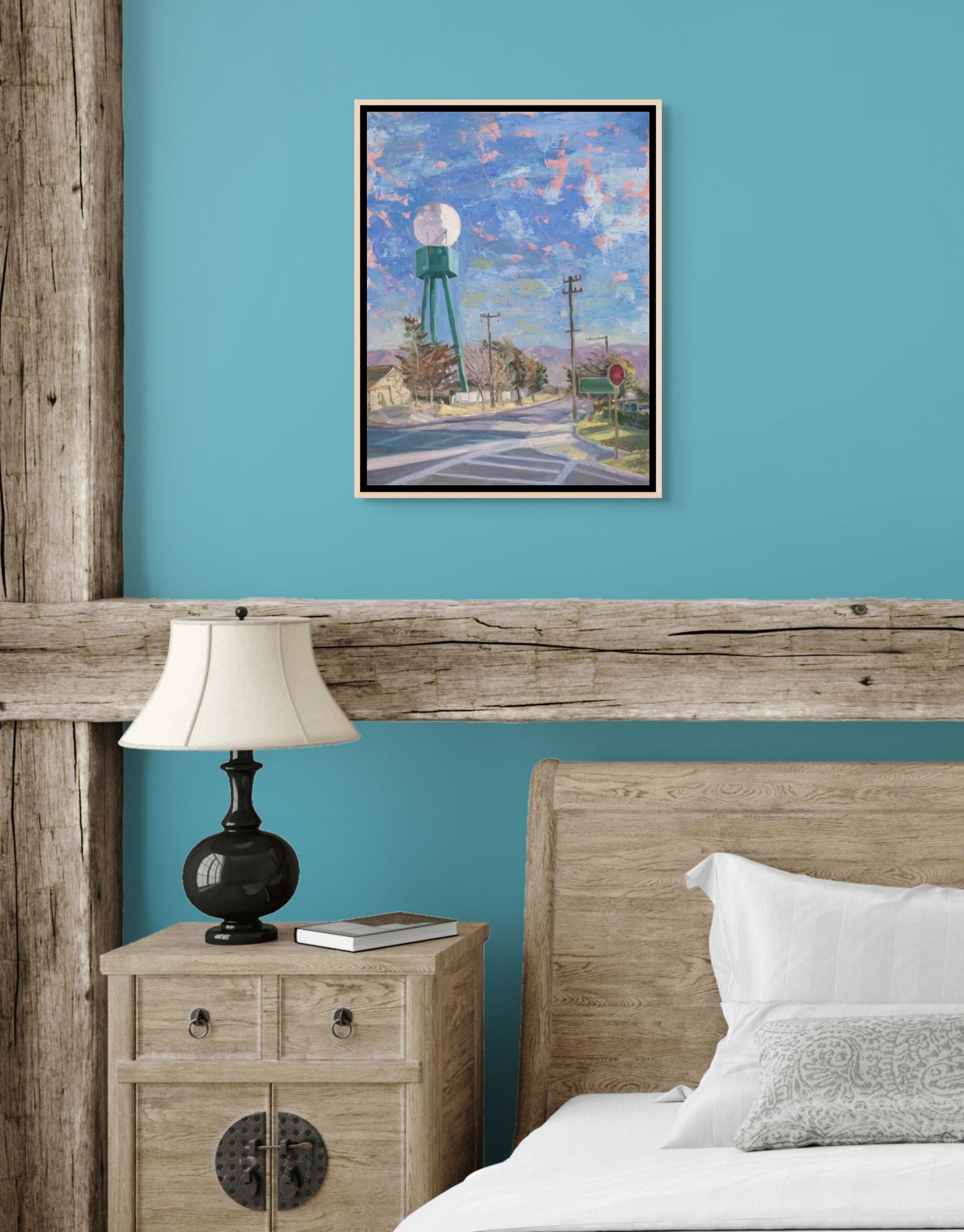 "High Water original oil painting in a bedroom, close-up view, by Sally Herriott"