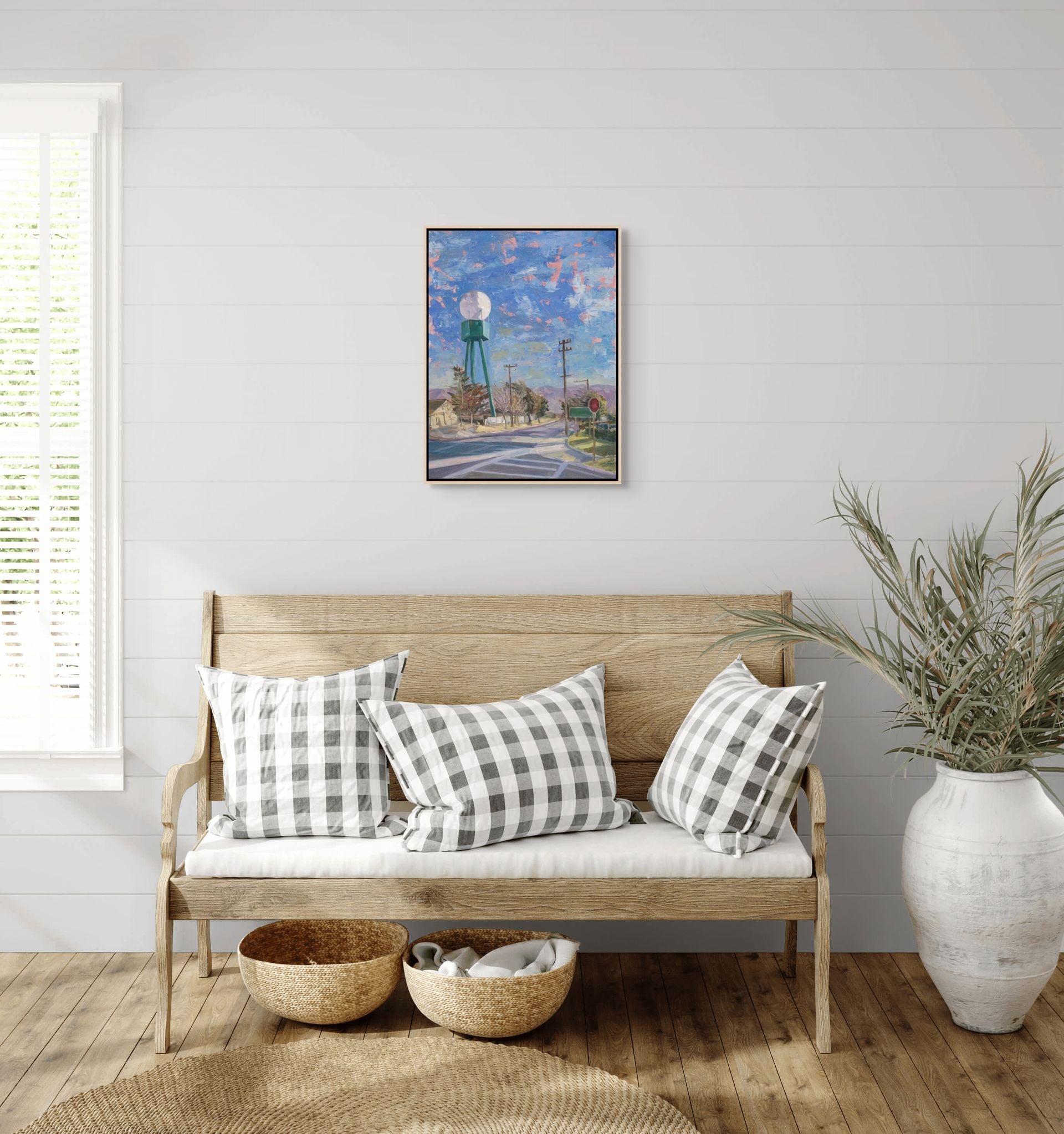 "High Water original oil painting above a beige bench, by Sally Herriott"