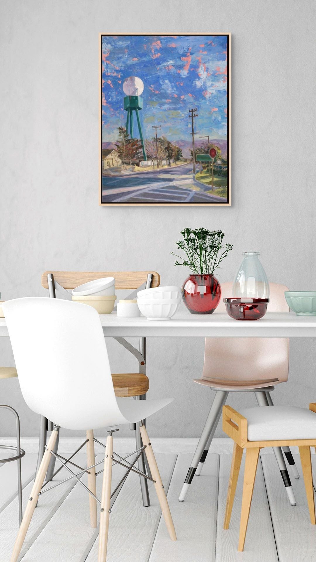  "High Water original oil painting above a Danish style table, by Sally Herriott"