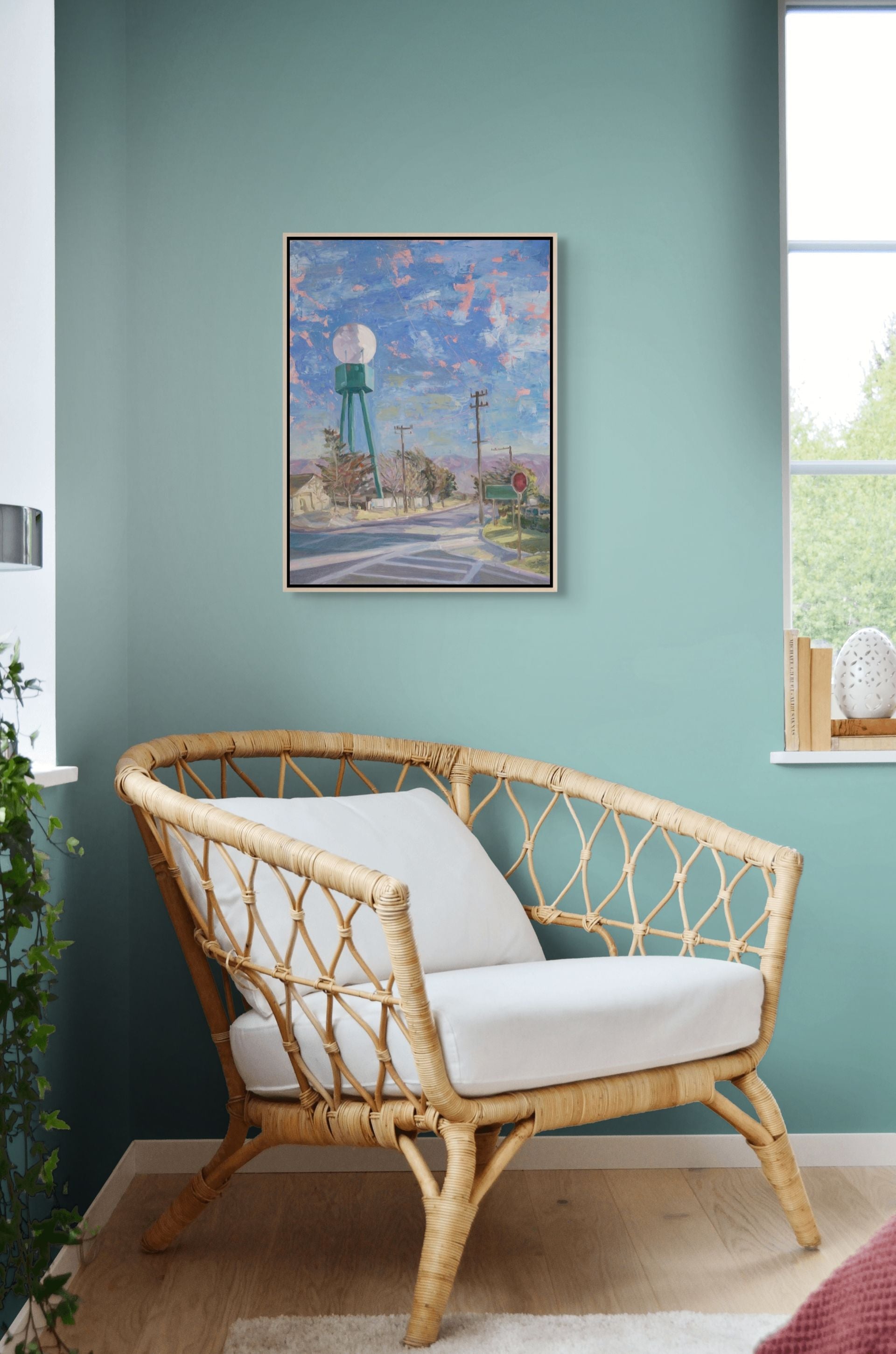 "High Water original oil painting above an easy chair, by Sally Herriott"
