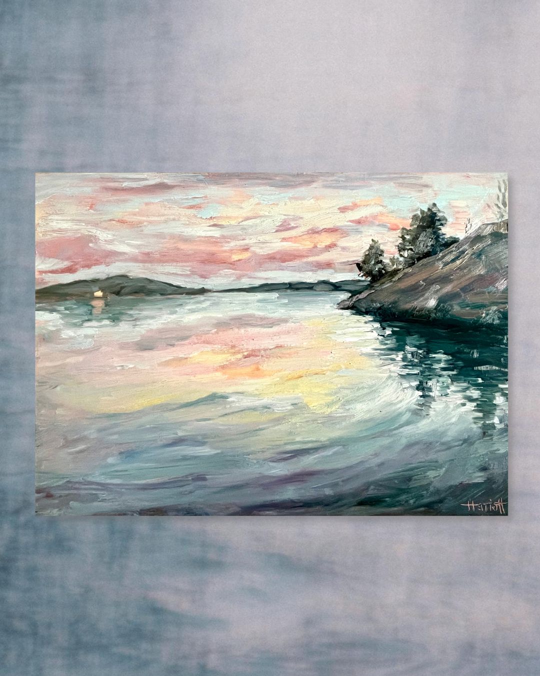 "Icecream Skies original oil painting, pastel sunset sky over water, Saltsjöbaden Sweden, by Sally Herriott"