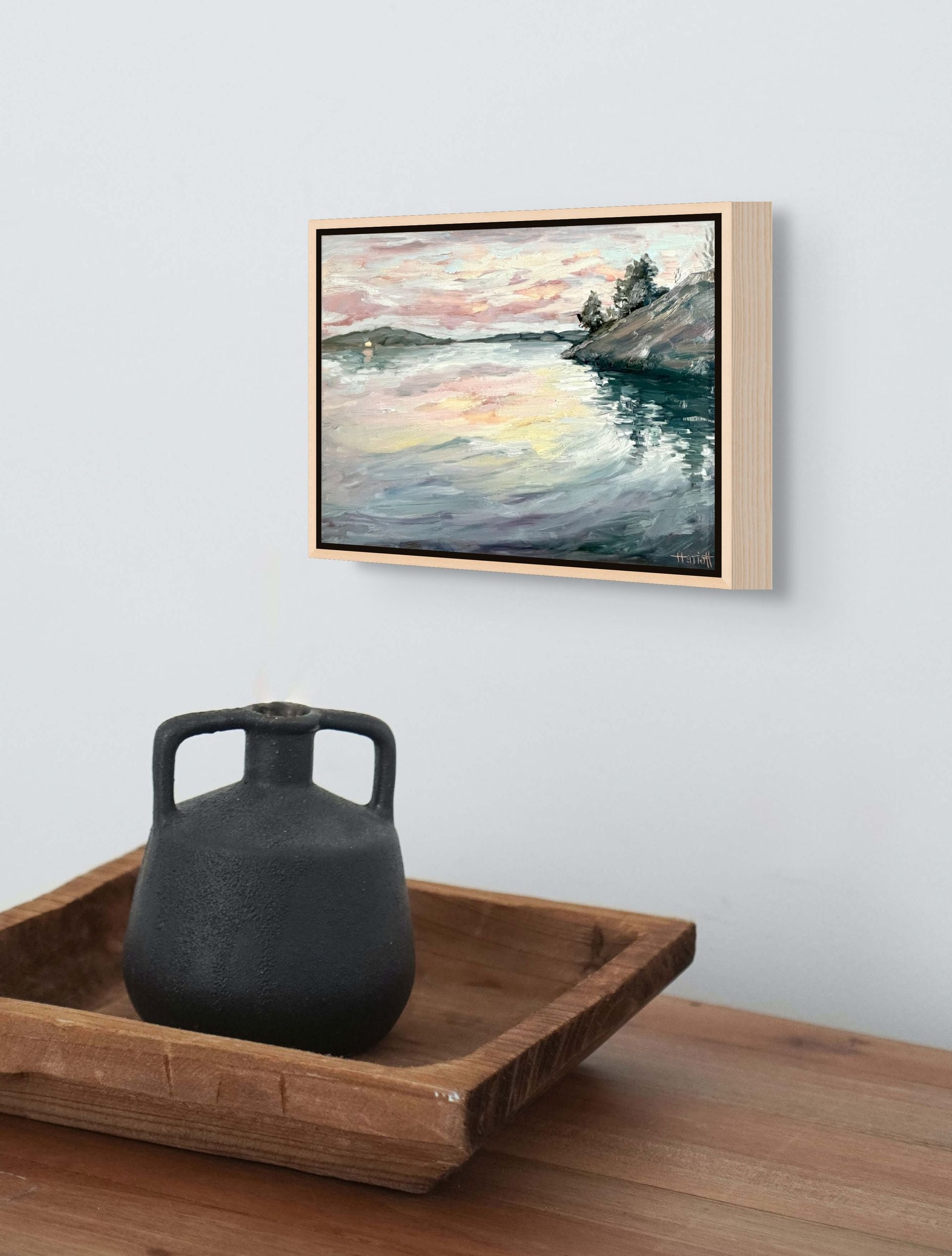 "Icecream Skies original oil painting displayed with an antique vase, by Sally Herriott"