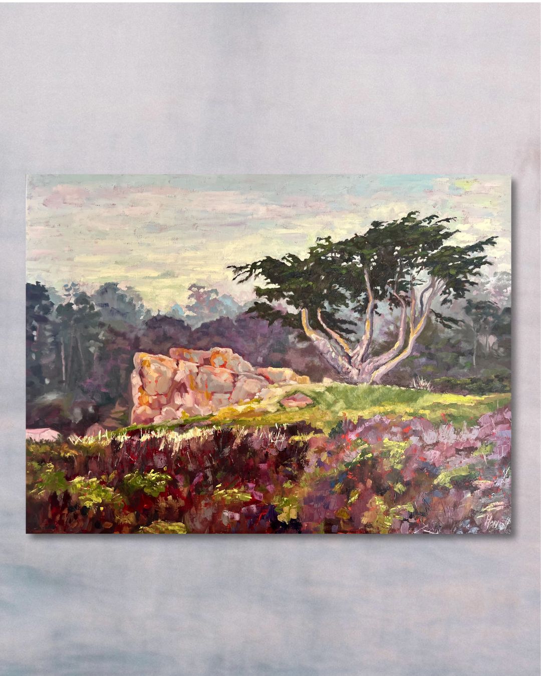 "Marine Mist original oil painting, misty coastal scene, Monterey California, by Sally Herriott"