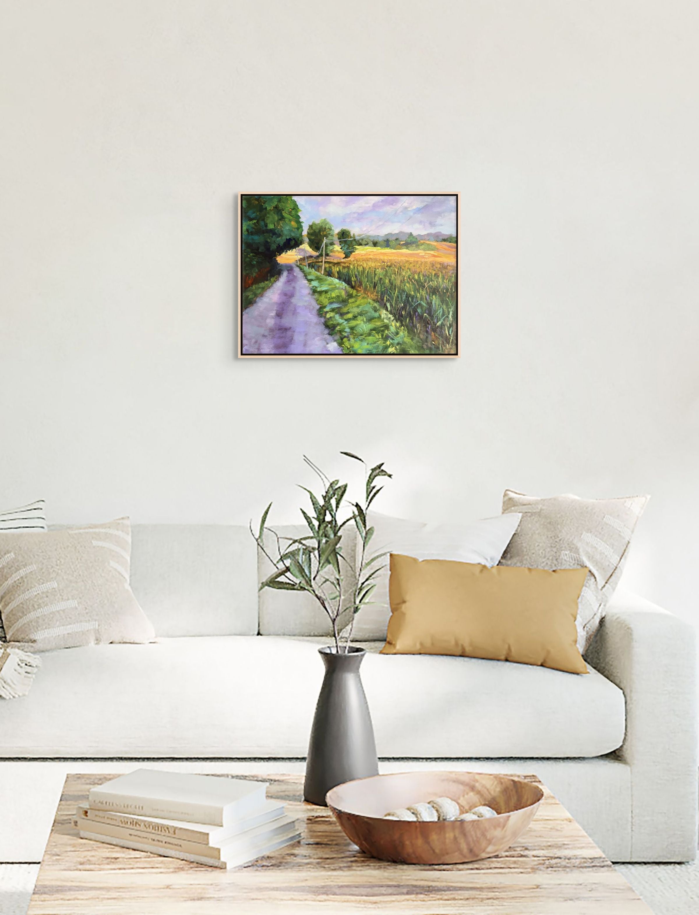 "Morning Meadows original oil painting in a calm lounge, by Sally Herriott"