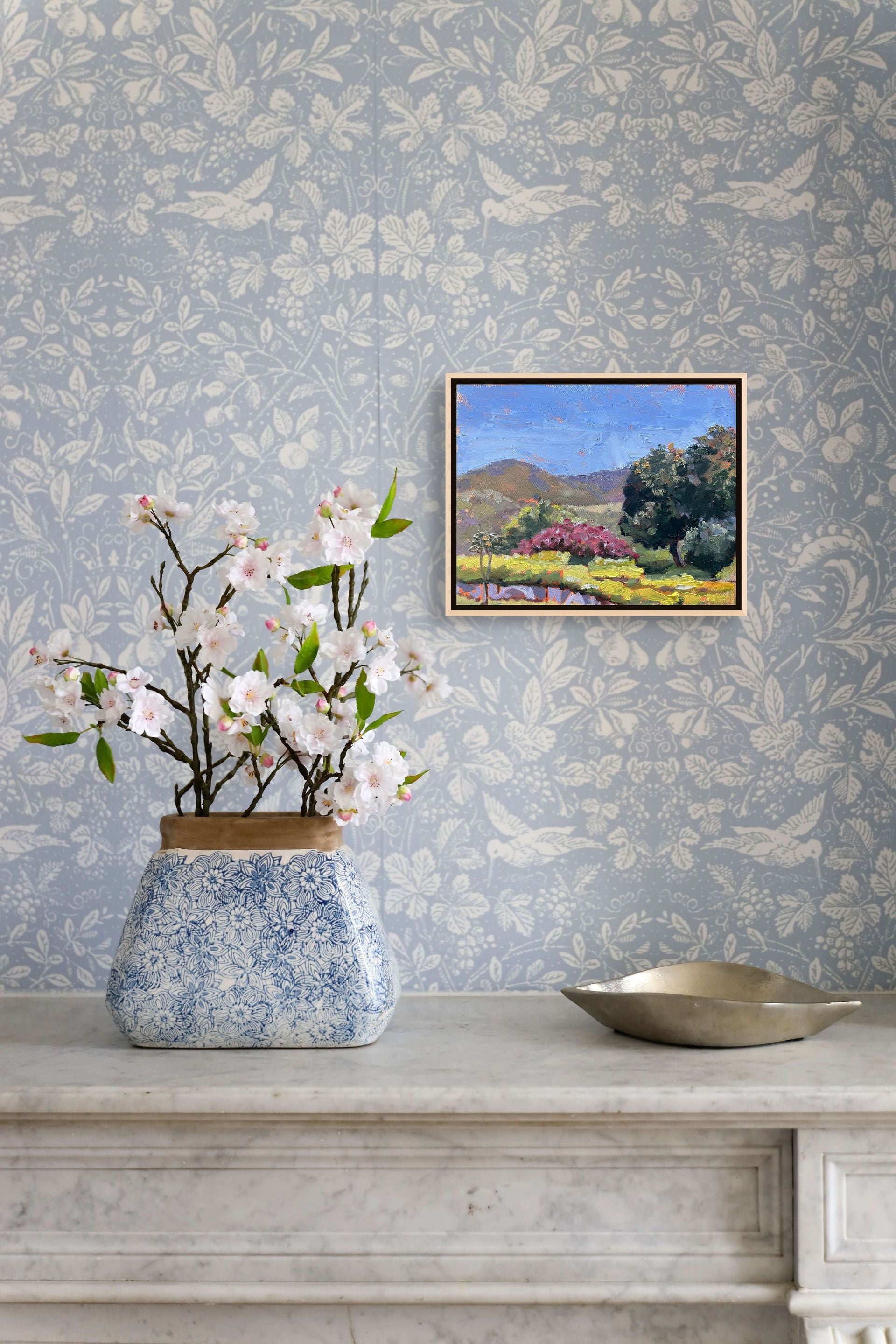 "Pink Glory original oil painting displayed with blue florals, by Sally Herriott"