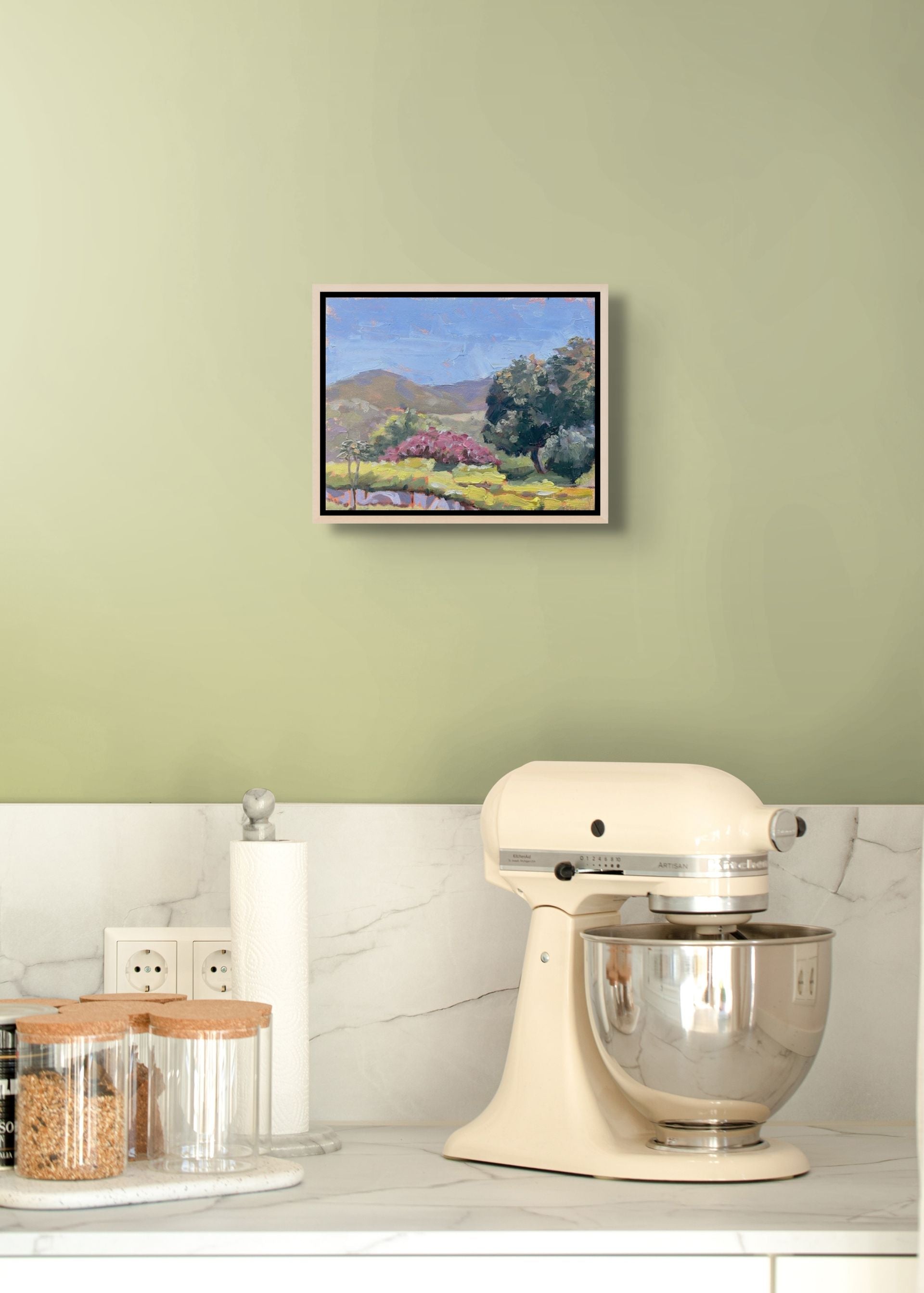 : "Pink Glory original oil painting displayed with a food mixer, by Sally Herriott"