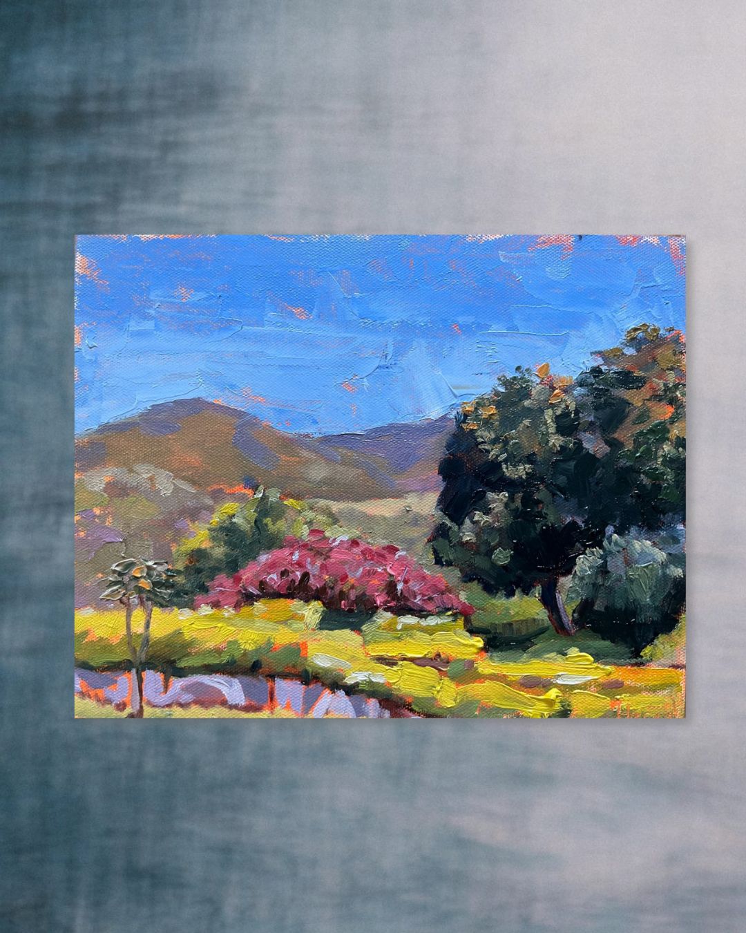 "Pink Glory original oil painting, pink flowering hillside, Ojai Central California, by Sally Herriott"