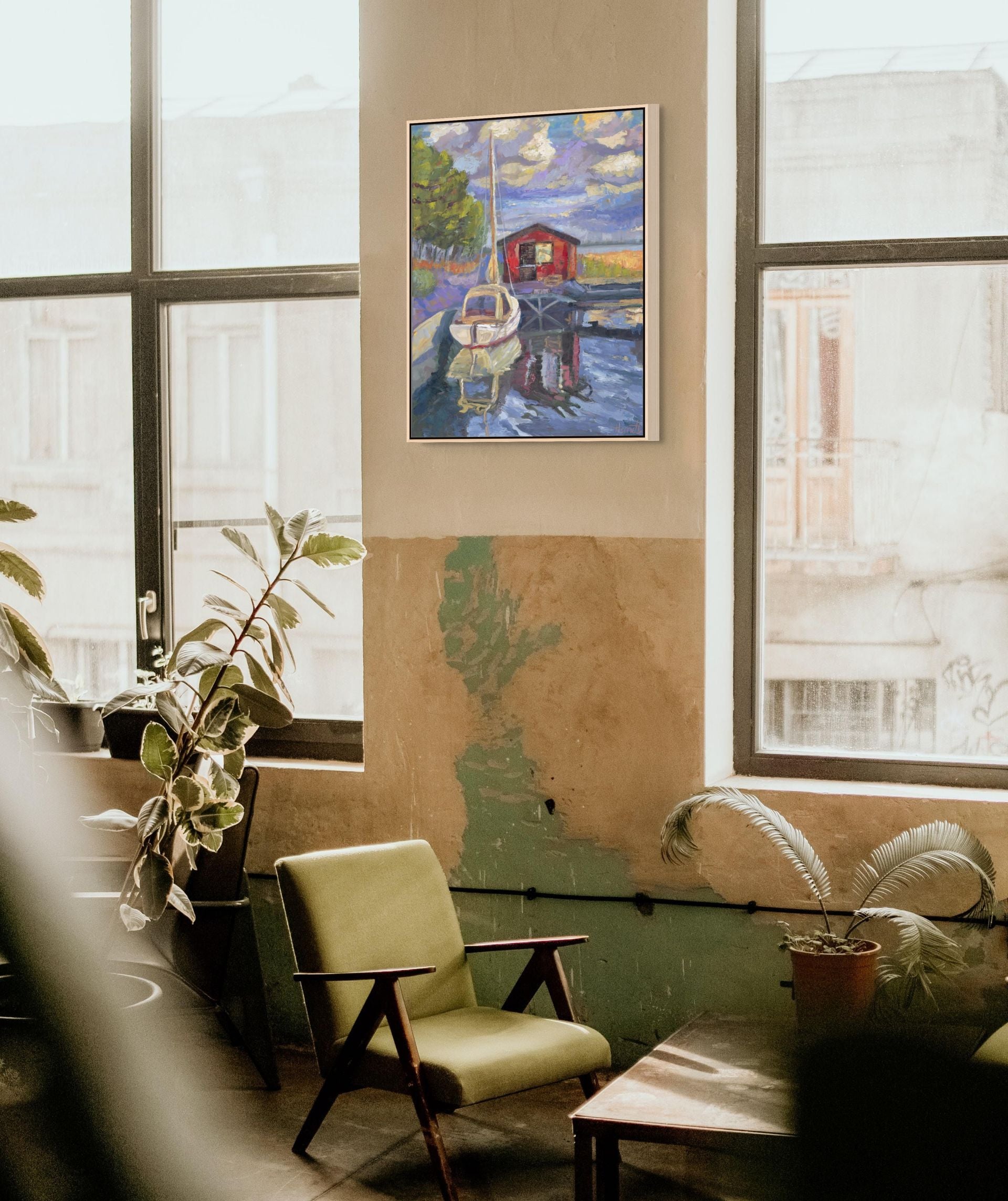"Purple Skies over Sailboat original oil painting in a bohemian styled space, by Sally Herriott"