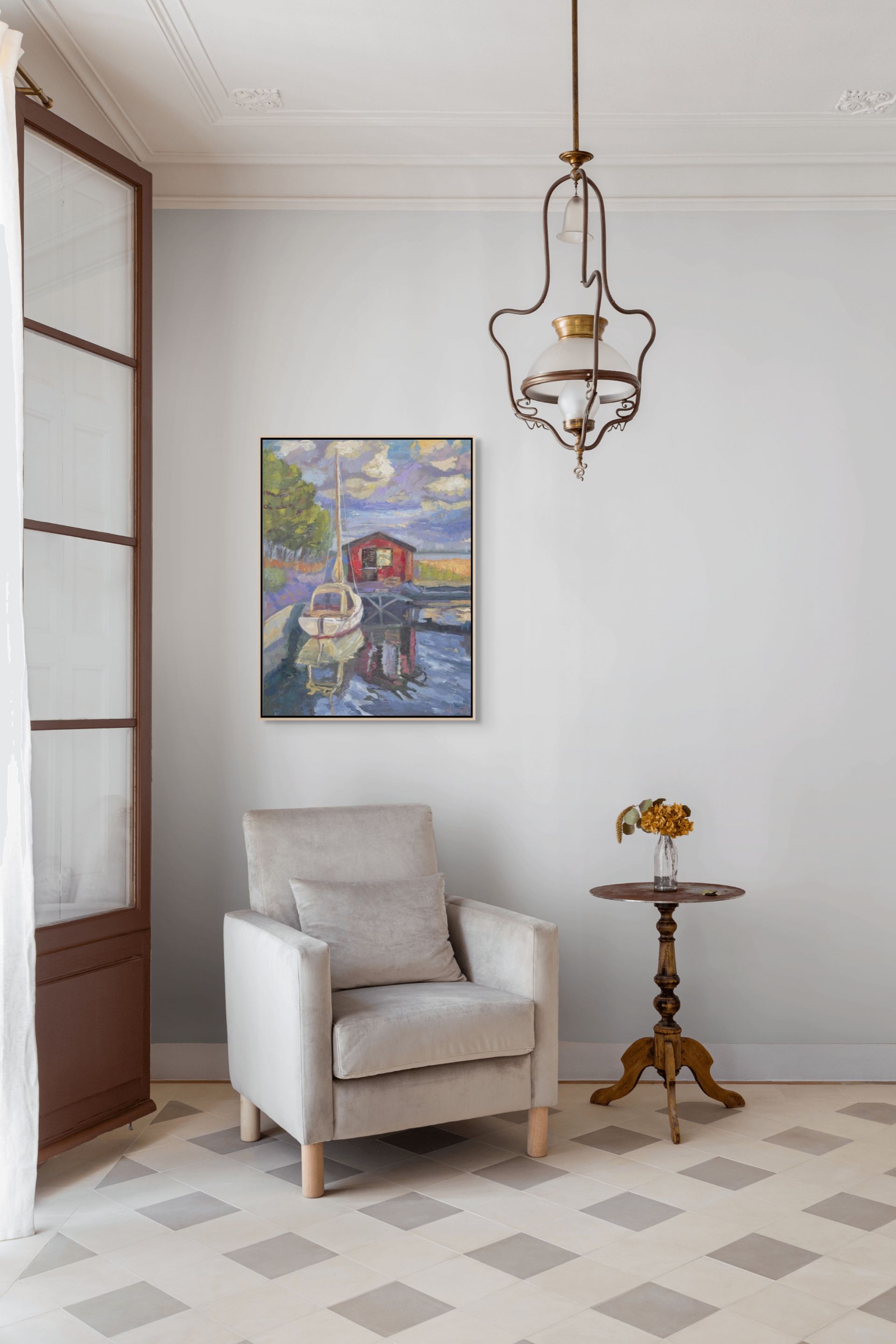 "Purple Skies over Sailboat original oil painting in a calm corner, by Sally Herriott"