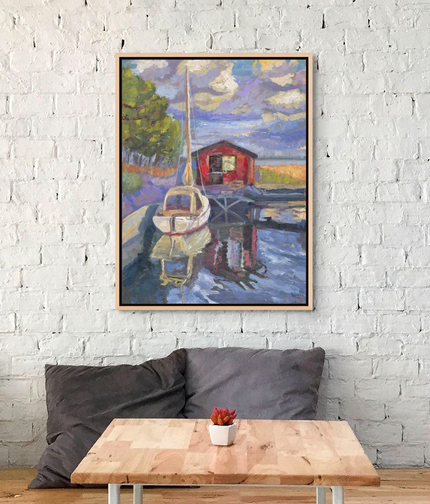 "Purple Skies over Sailboat original oil painting on a wall, Saltsjöbaden Sweden, by Sally Herriott"